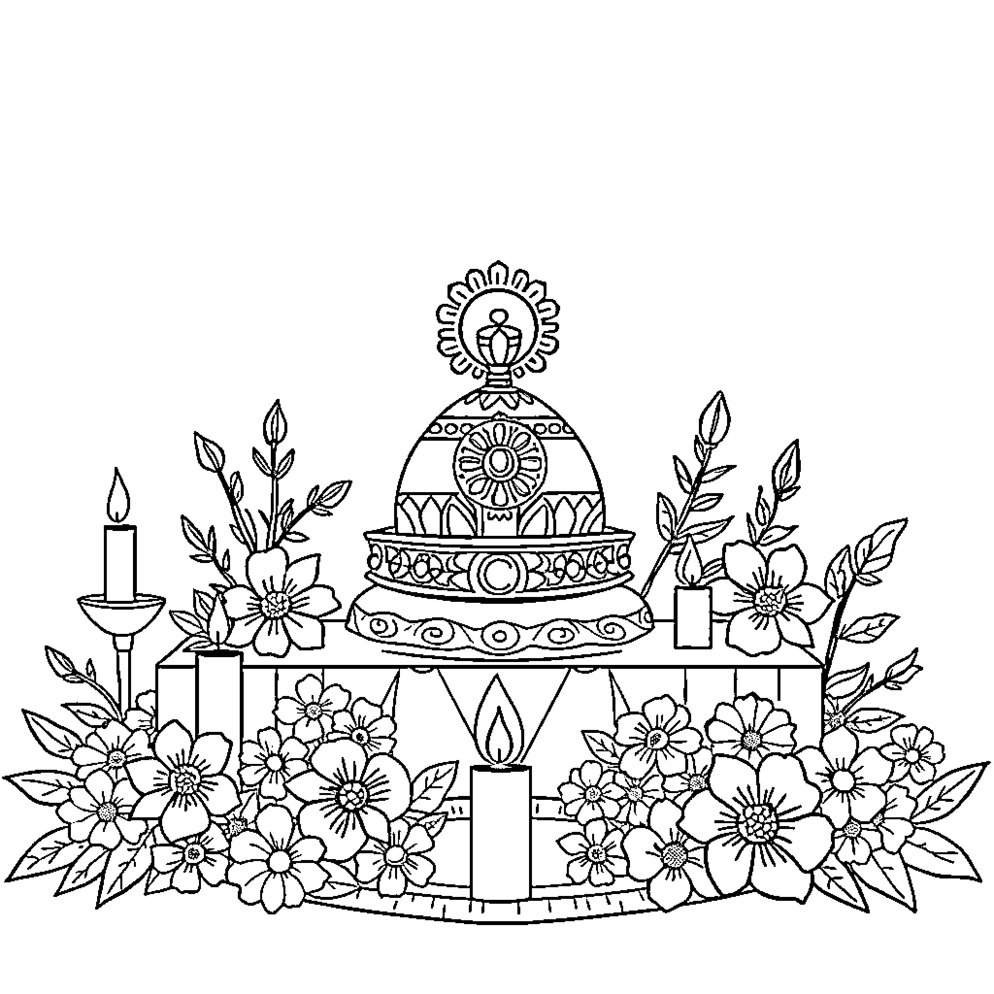 Maya's Enchanted Floral Altar Coloring Page (free black-and-white line drawing printable PDF for all, from beginners to advanced learners, including children, teens, adults, and seniors)