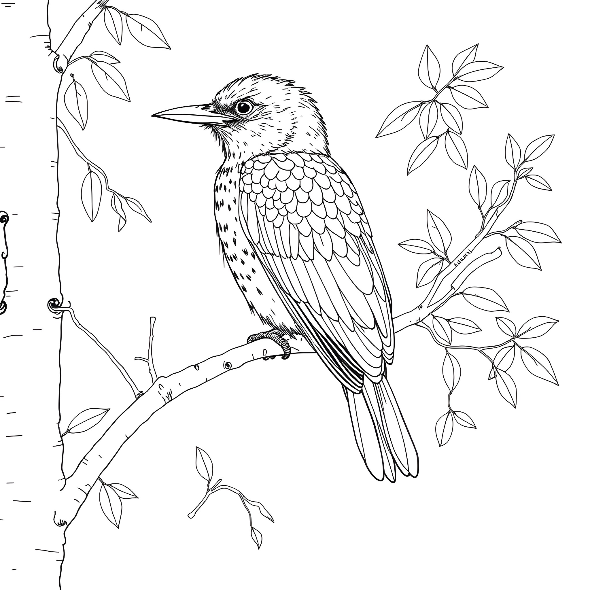 Cape Weaver perched on a branch surrounded by foliage Coloring Page (free black-and-white line drawing printable PDF for all, from beginners to advanced learners, including children, teens, adults, and seniors)