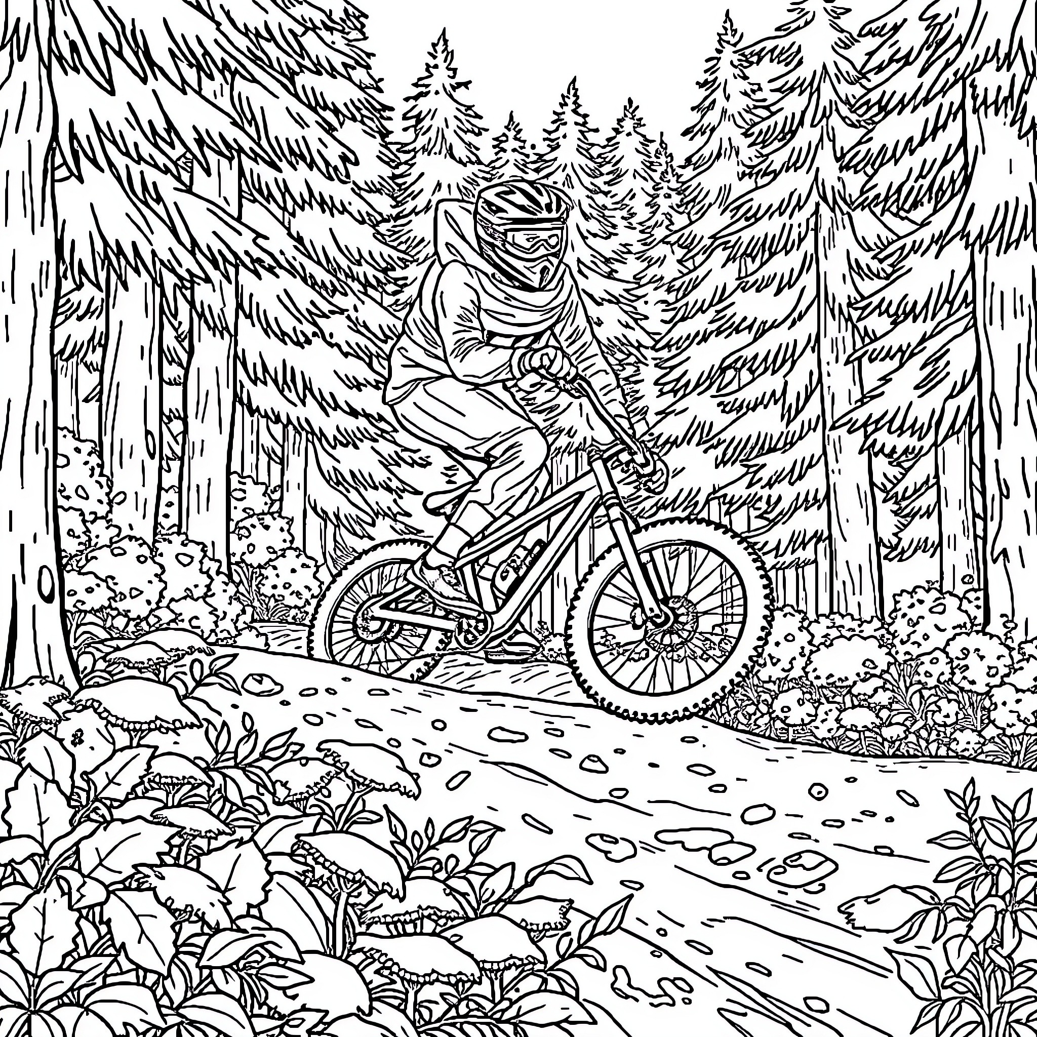 Biker riding through the enchanted forest Coloring Page (free black-and-white line drawing printable PDF for all, from beginners to advanced learners, including children, teens, adults, and seniors)