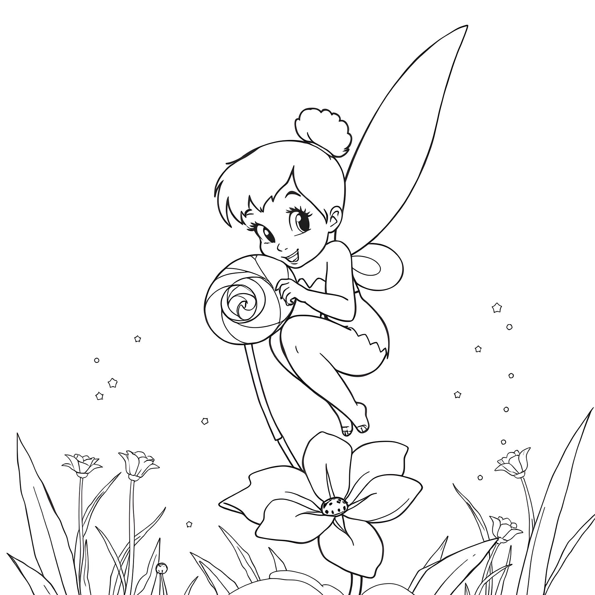 Tinkerbell flying with a flower in a garden Coloring Page (free black-and-white line drawing printable PDF for all, from beginners to advanced learners, including children, teens, adults, and seniors)