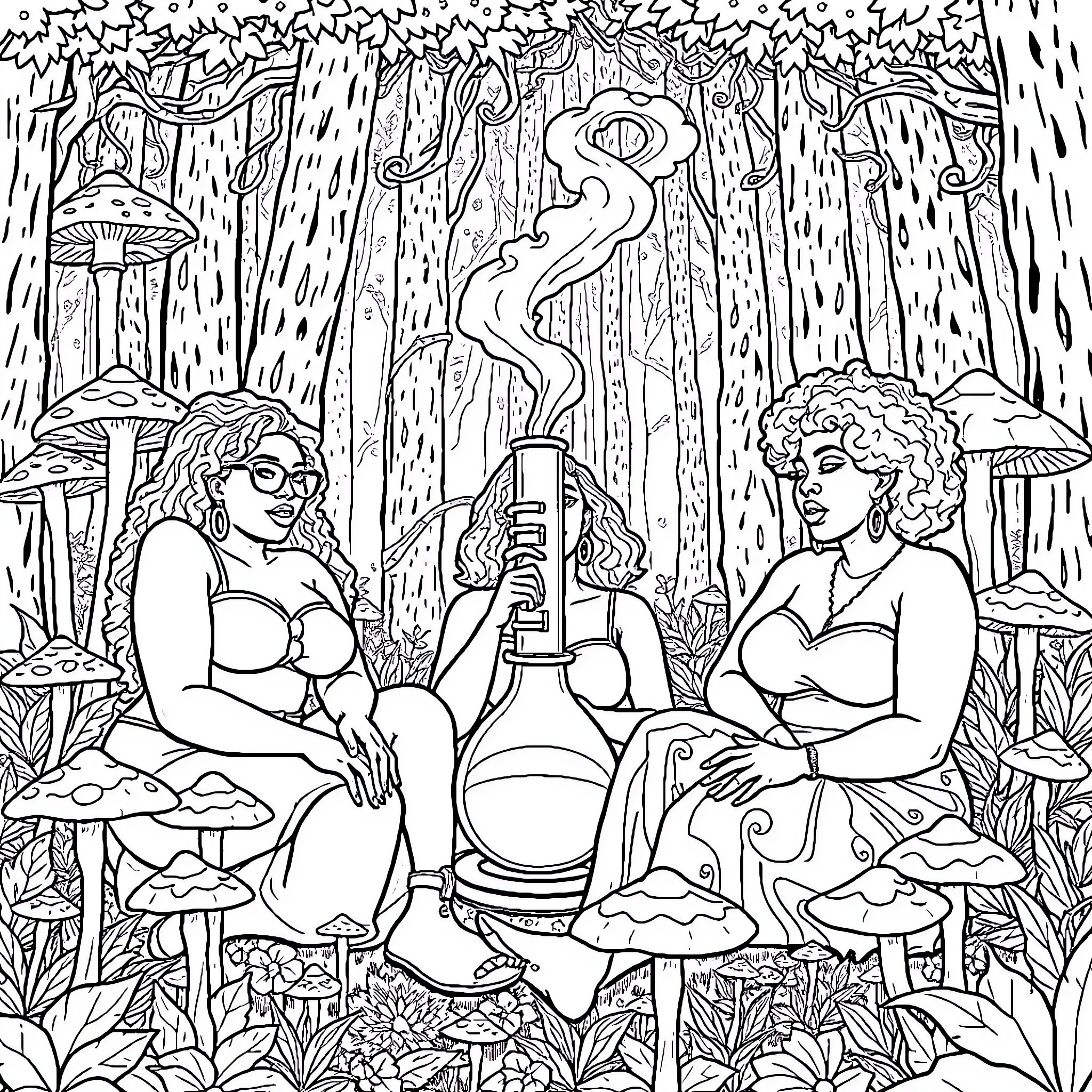 Women enjoying a magical forest scene Coloring Page (free black-and-white line drawing printable PDF for all, from beginners to advanced learners, including children, teens, adults, and seniors)