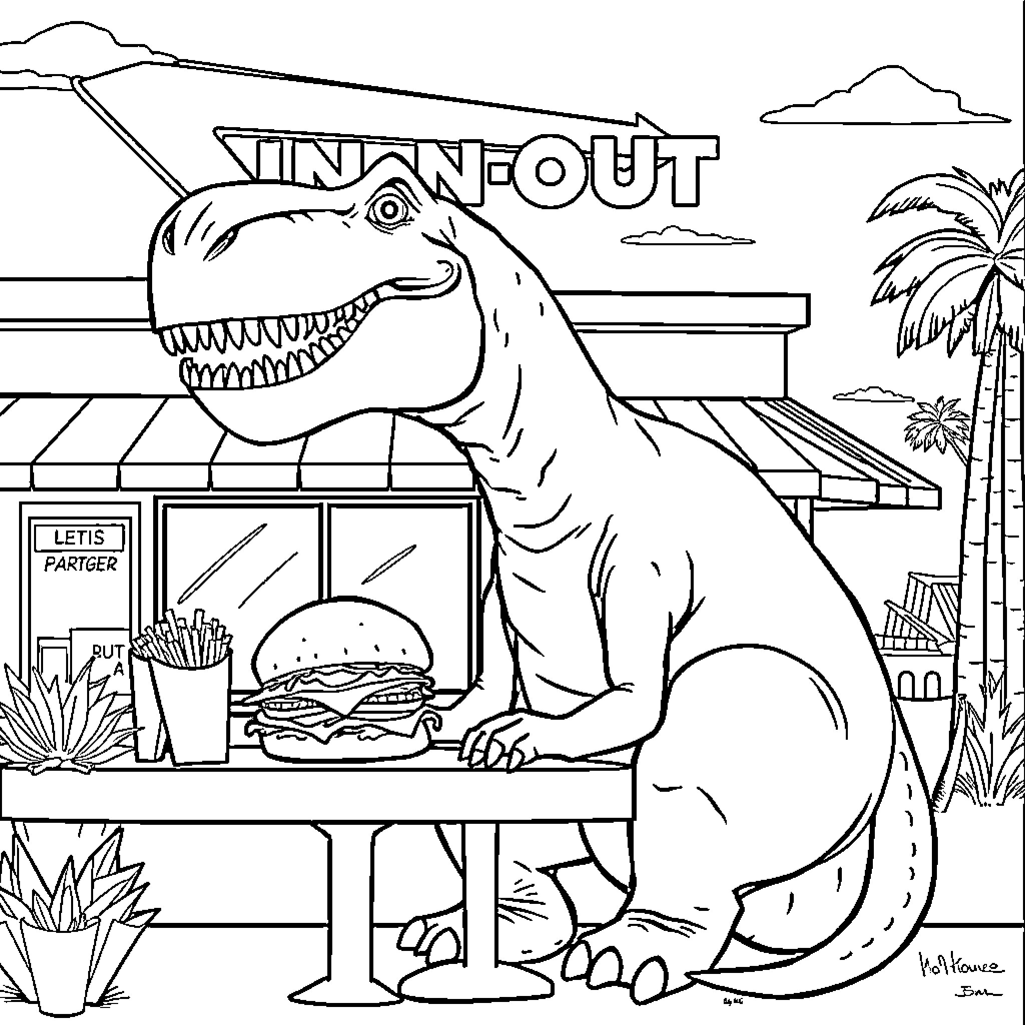 Dinosaur enjoying a burger at the drive-in diner Coloring Page (free black-and-white line drawing printable PDF for all, from beginners to advanced learners, including children, teens, adults, and seniors)