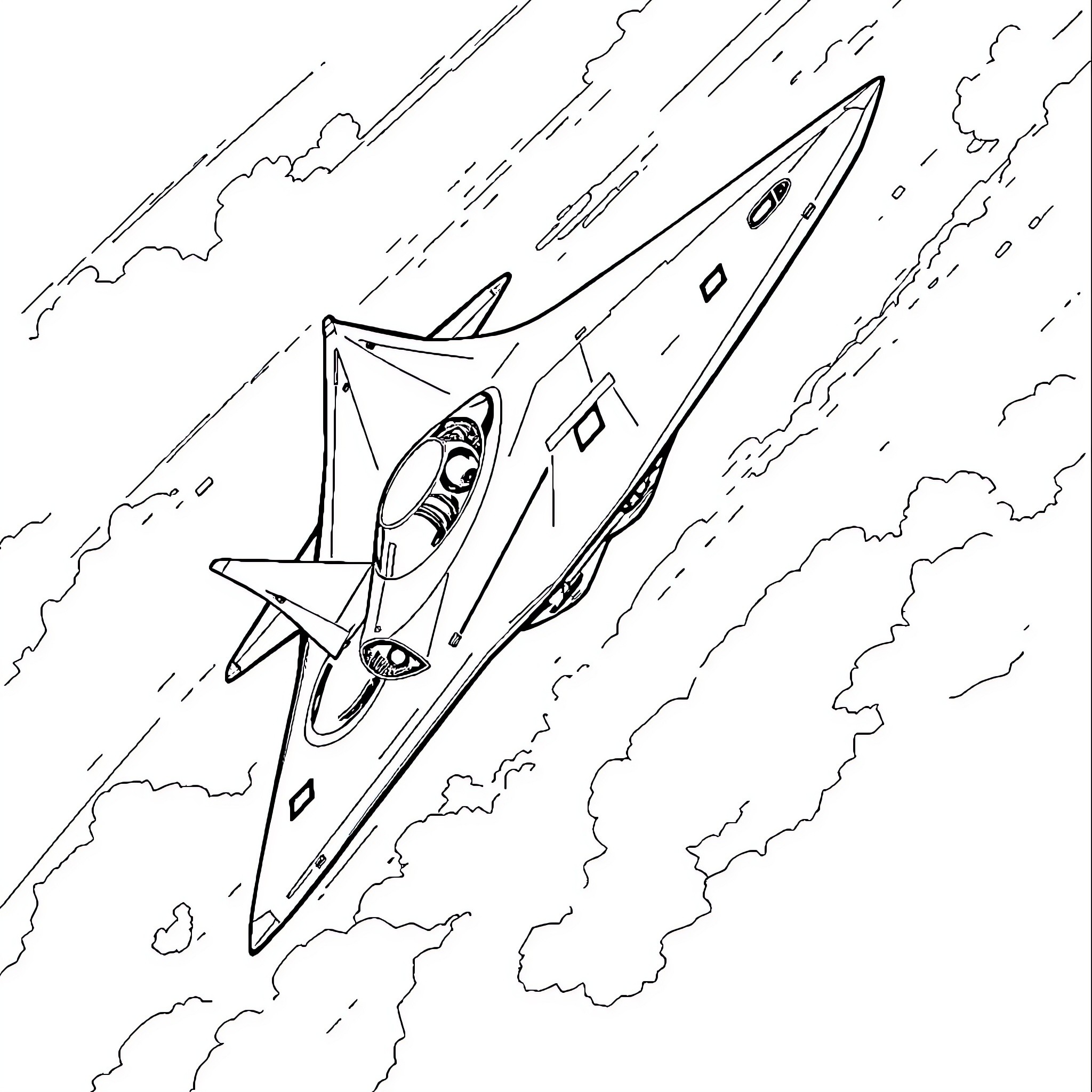 SR72 Supersonic Aircraft Soaring Through Clouds Coloring Page (free black-and-white line drawing printable PDF for all, from beginners to advanced learners, including children, teens, adults, and seniors)