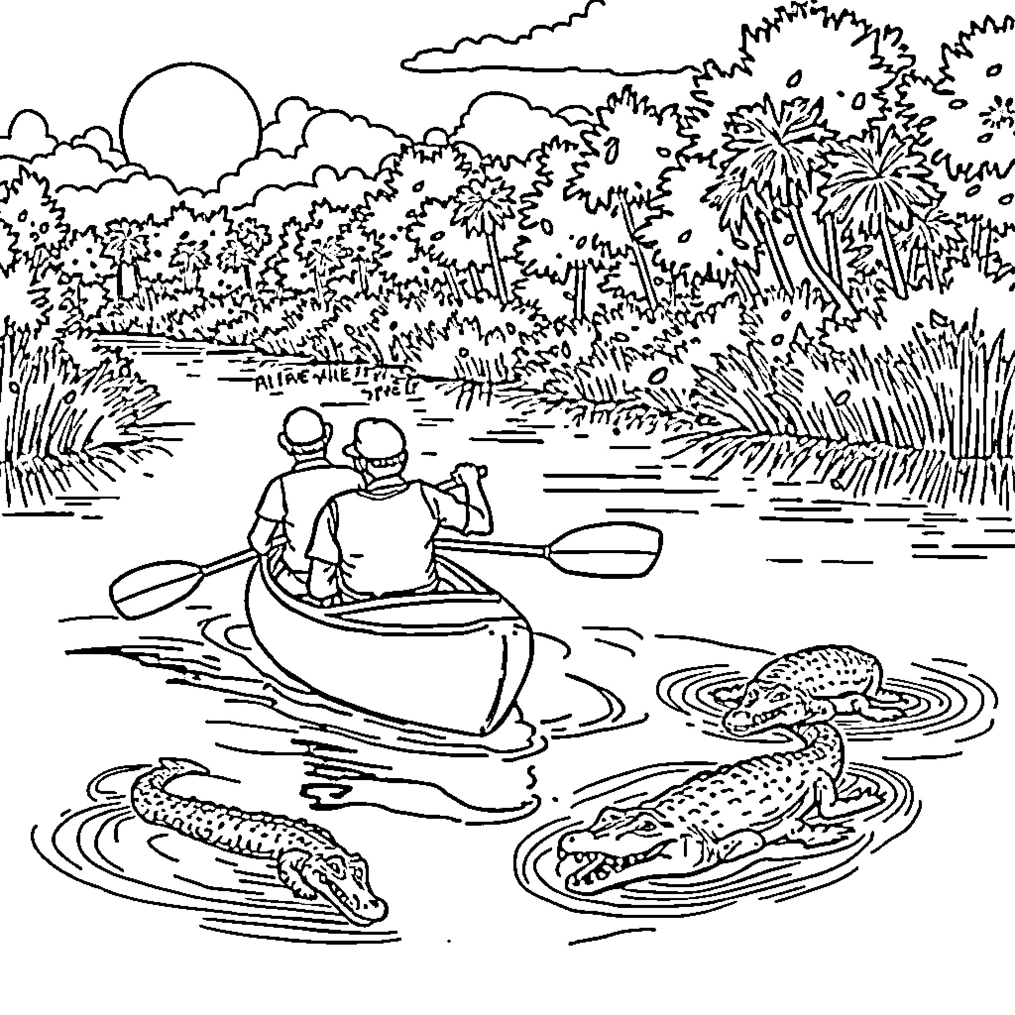Retired People Canoeing Peacefully on Scenic Lake Coloring Page (free black-and-white line drawing printable PDF for all, from beginners to advanced learners, including children, teens, adults, and seniors)