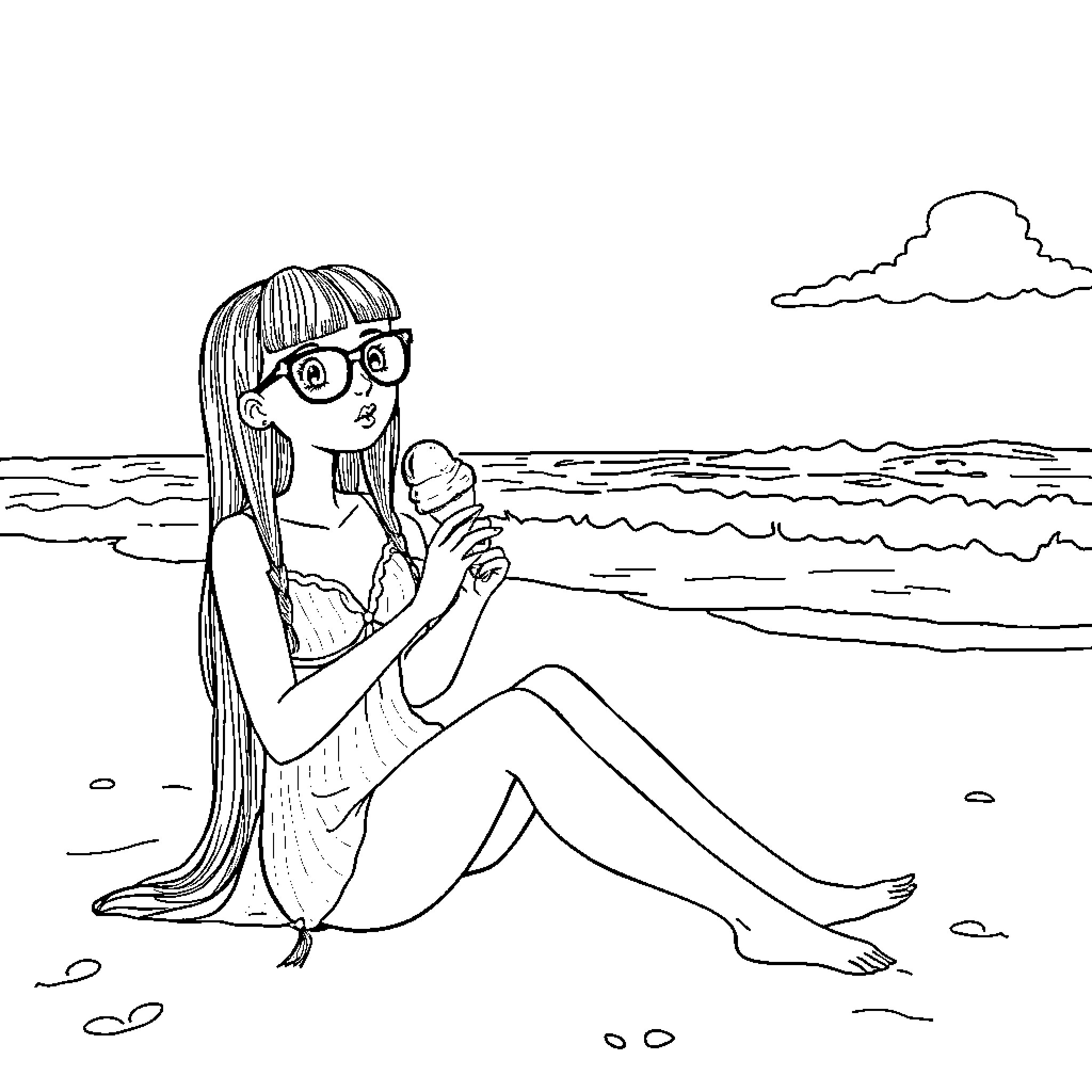 Wednesday girl relaxing on the beach Coloring Page (free black-and-white line drawing printable PDF for all, from beginners to advanced learners, including children, teens, adults, and seniors)