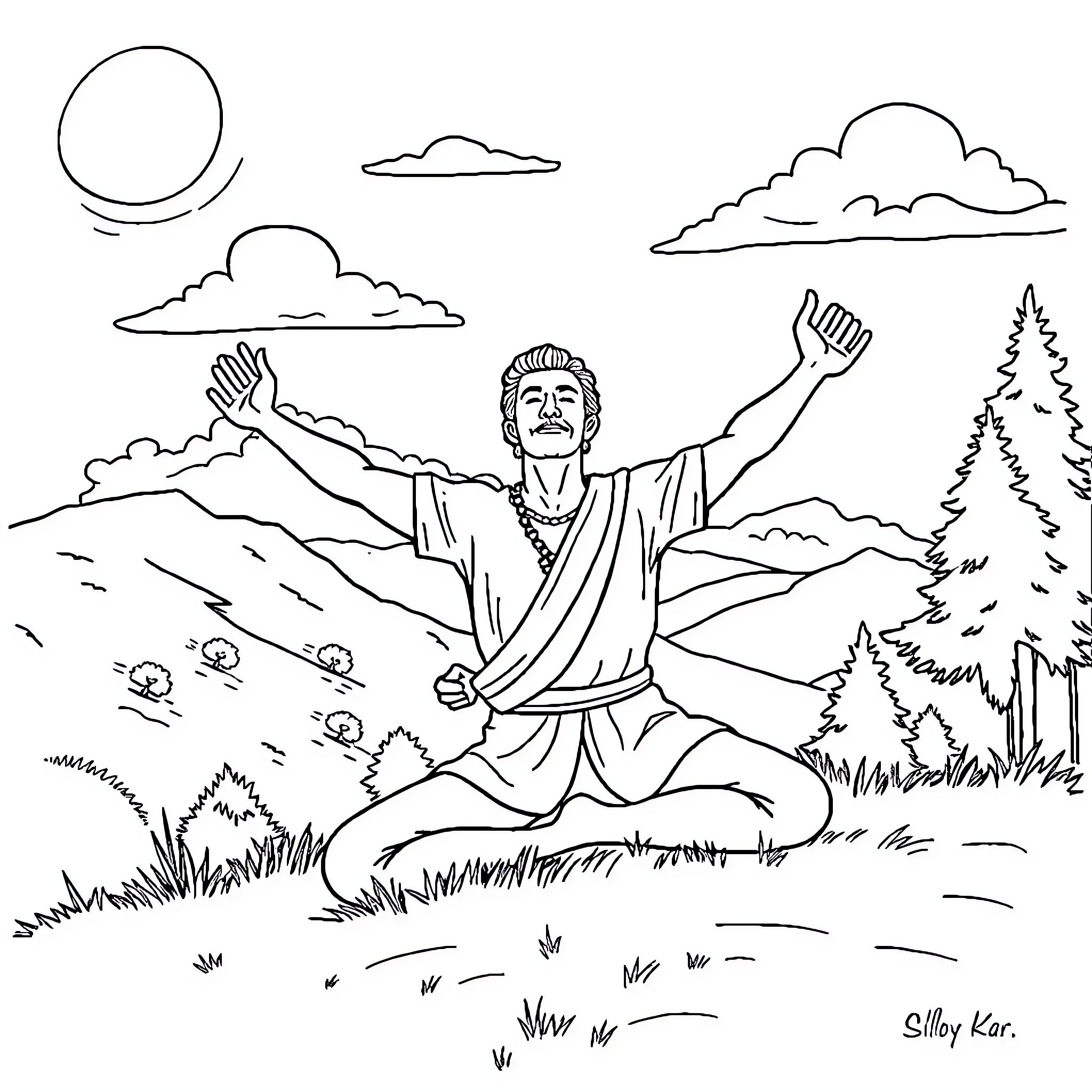 Simón Bolívar meditating in a peaceful natural setting Coloring Page (free black-and-white line drawing printable PDF for all, from beginners to advanced learners, including children, teens, adults, and seniors)