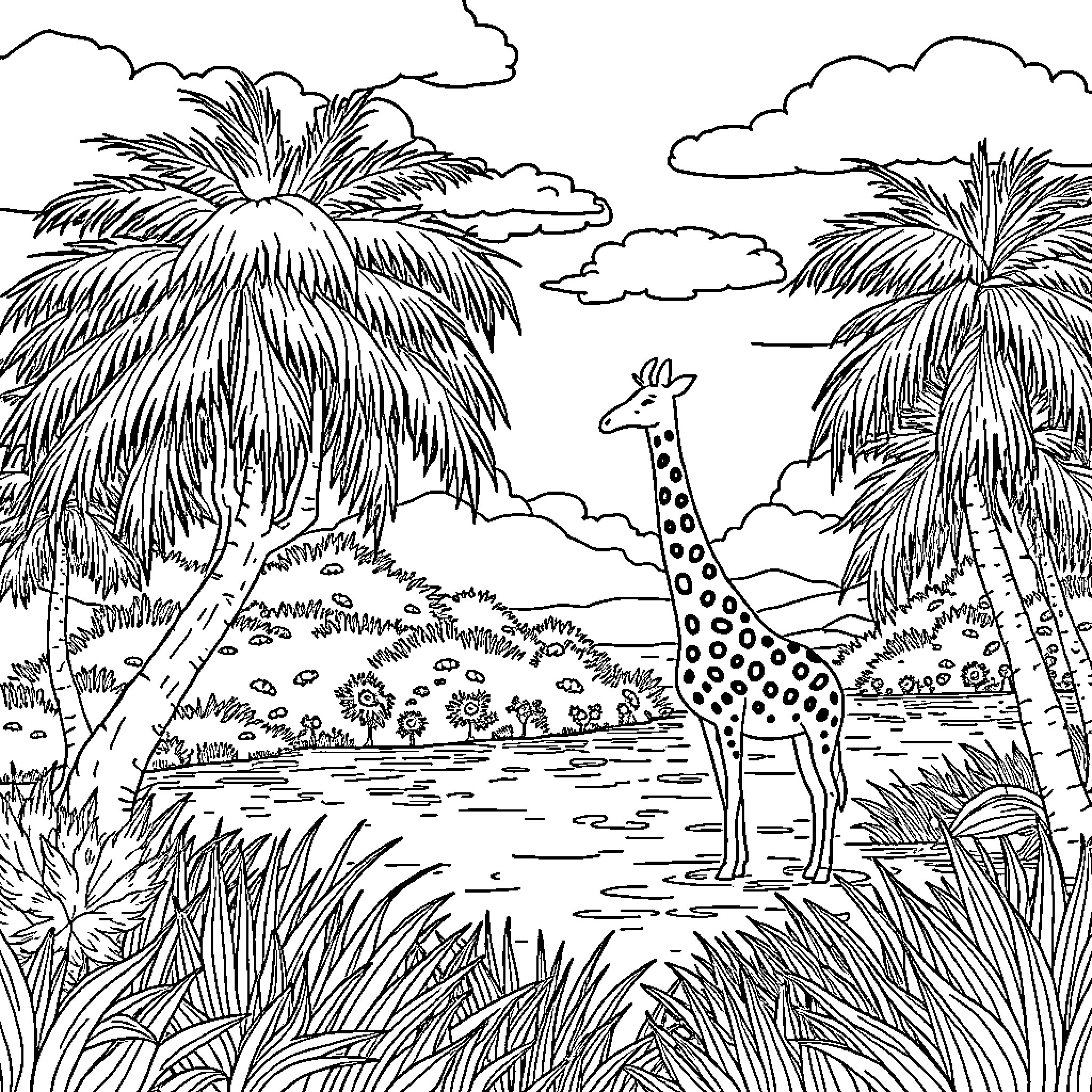 Zebra-like giraffe in tropical landscape Coloring Page (free black-and-white line drawing printable PDF for all, from beginners to advanced learners, including children, teens, adults, and seniors)