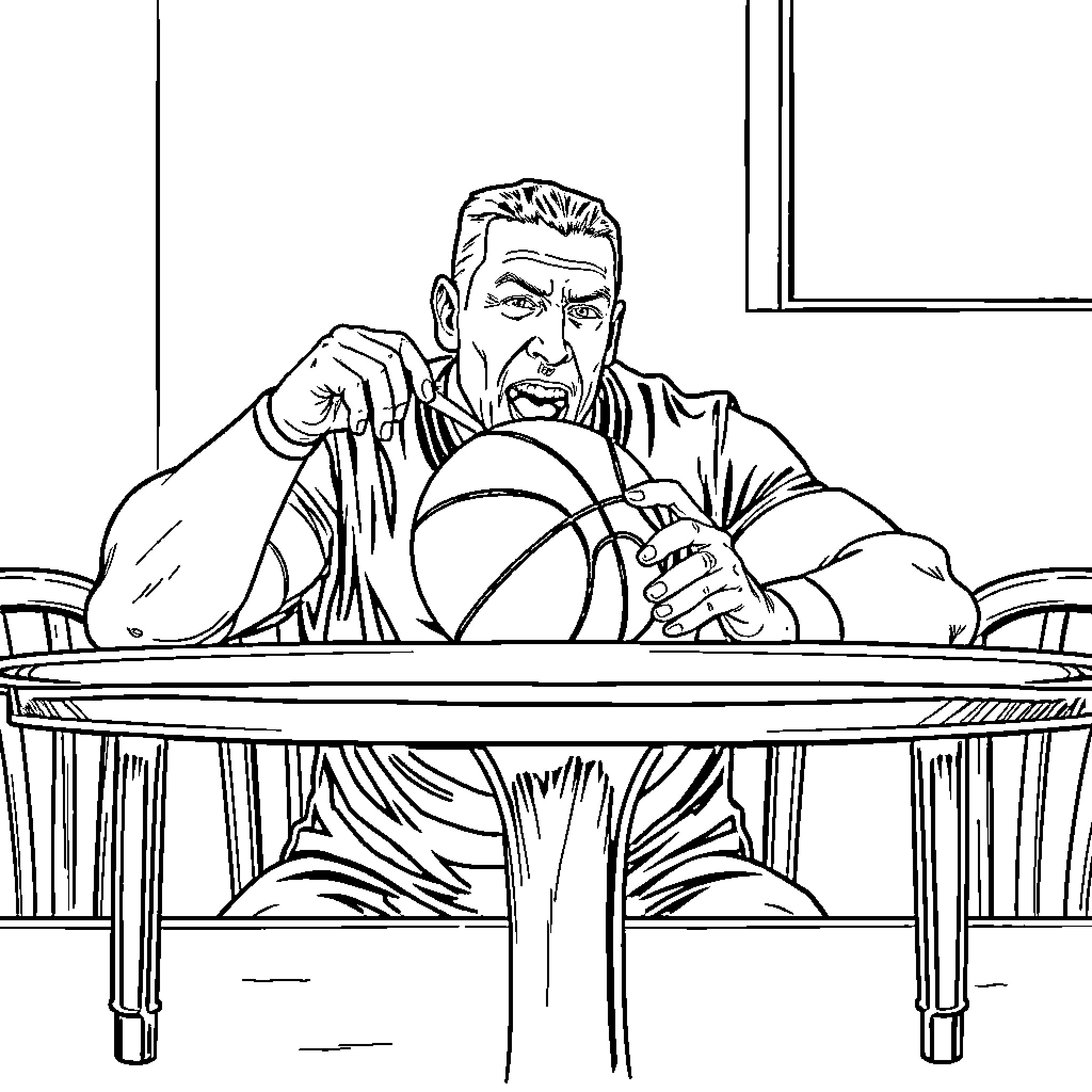 John Cena Intensely Focused on a Basketball Game Coloring Page (free black-and-white line drawing printable PDF for all, from beginners to advanced learners, including children, teens, adults, and seniors)