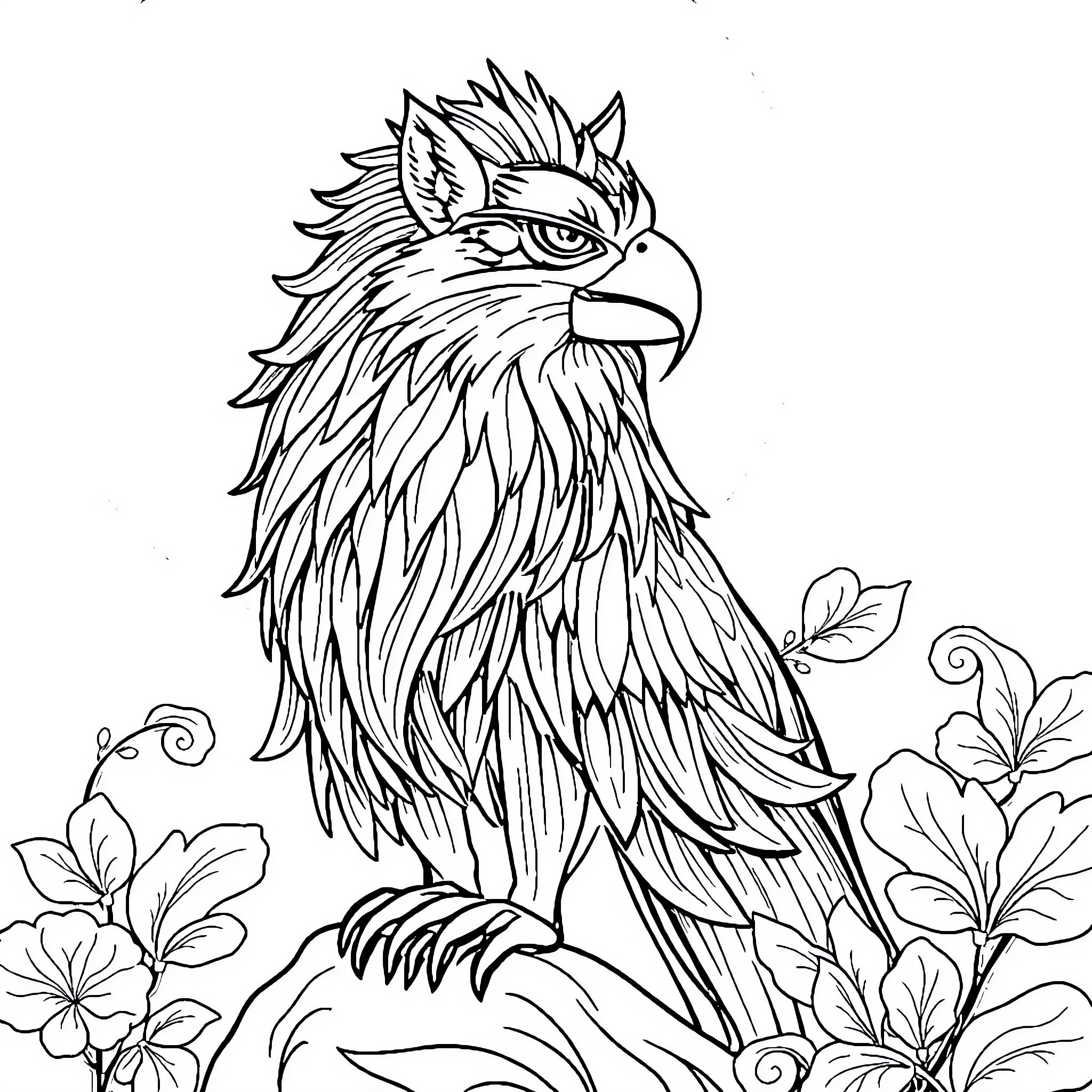 Human portrait of a majestic eagle surrounded by nature Coloring Page (free black-and-white line drawing printable PDF for all, from beginners to advanced learners, including children, teens, adults, and seniors)