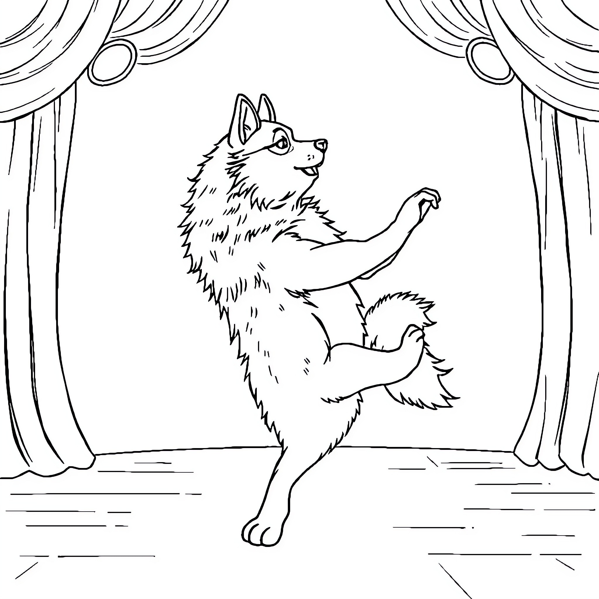 Husky performing on stage Coloring Page (free black-and-white line drawing printable PDF for all, from beginners to advanced learners, including children, teens, adults, and seniors)