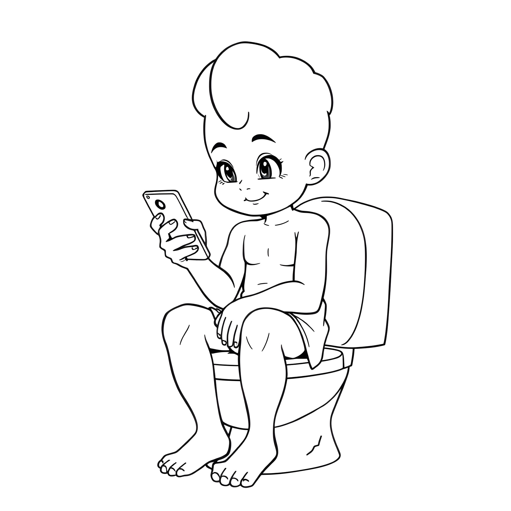 Labubu using smartphone on the toilet Coloring Page (free black-and-white line drawing printable PDF for all, from beginners to advanced learners, including children, teens, adults, and seniors)