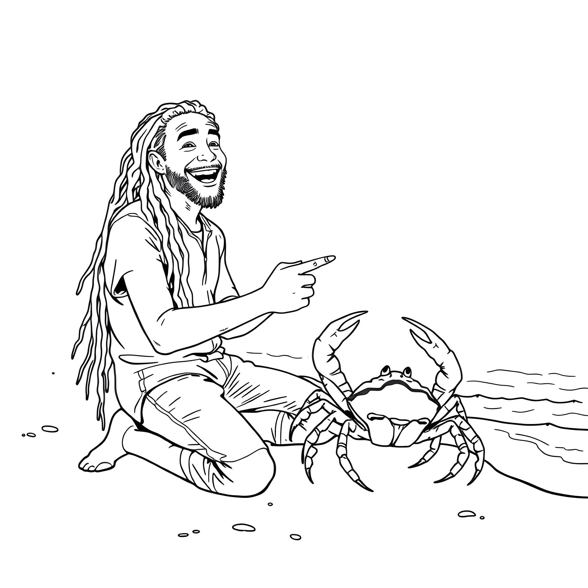 Fisherman observing a crab on the beach Coloring Page (free black-and-white line drawing printable PDF for all, from beginners to advanced learners, including children, teens, adults, and seniors)