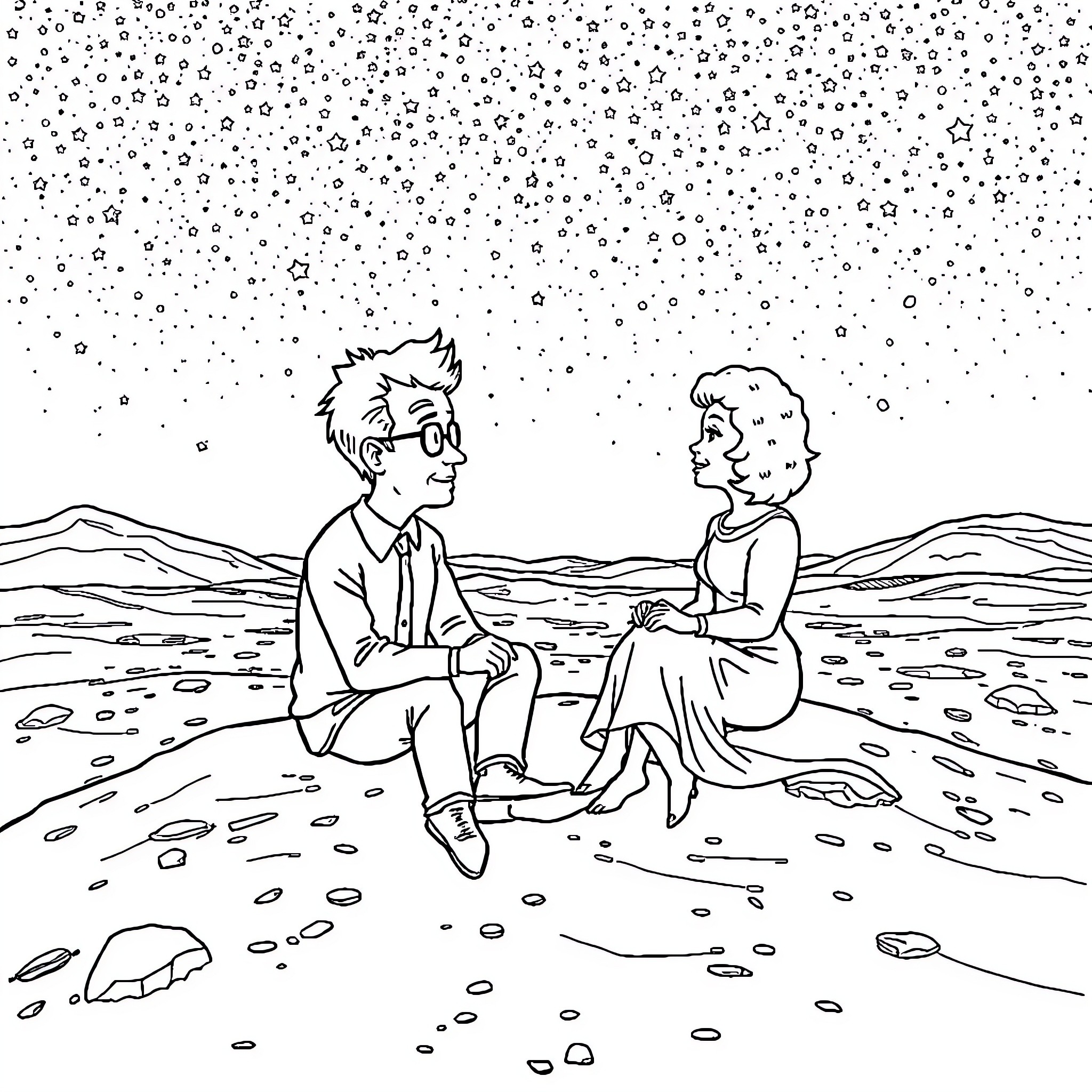 Sheldon's Starry Night Conversation Coloring Page (free black-and-white line drawing printable PDF for all, from beginners to advanced learners, including children, teens, adults, and seniors)