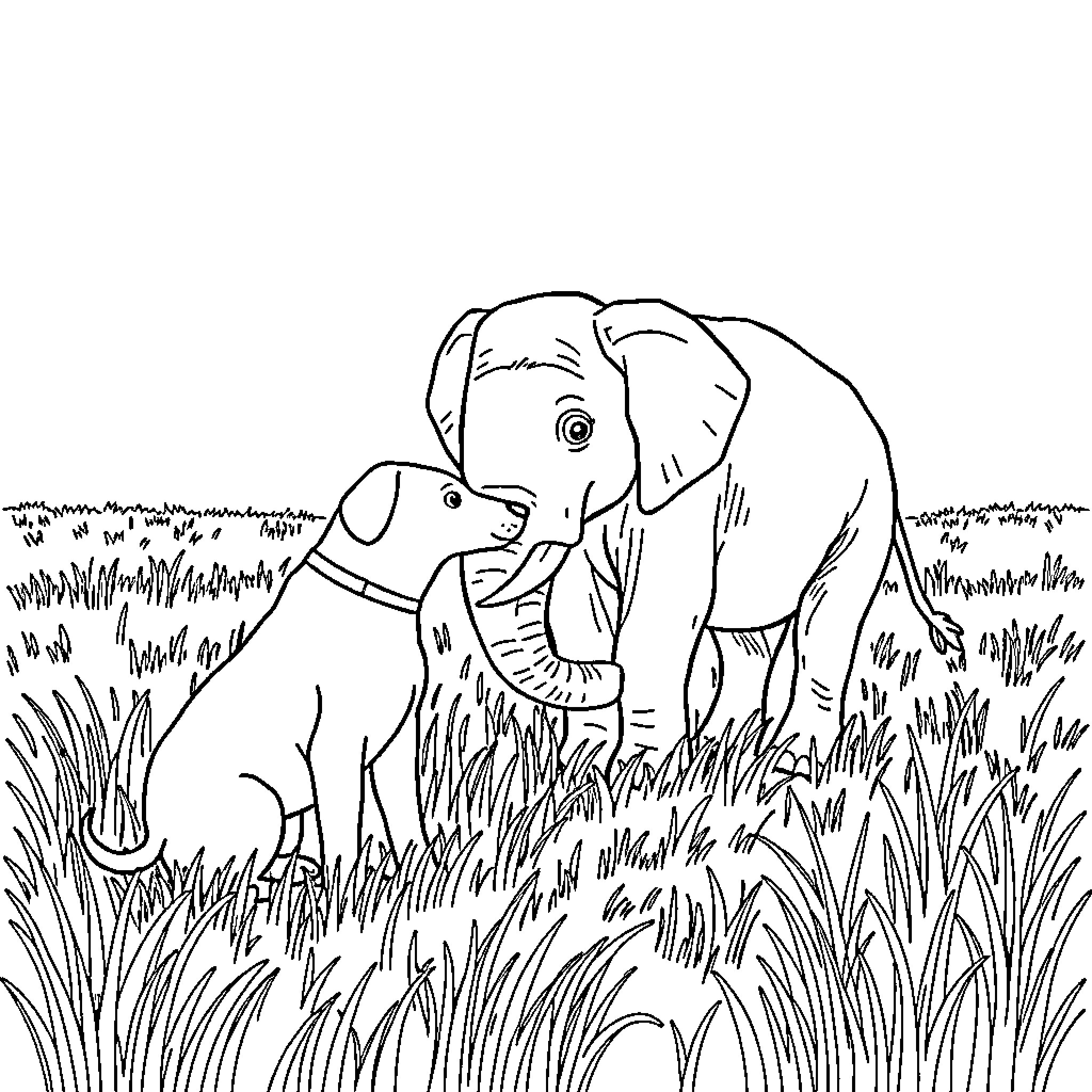 Elephant exploring the grassy field Coloring Page (free black-and-white line drawing printable PDF for all, from beginners to advanced learners, including children, teens, adults, and seniors)