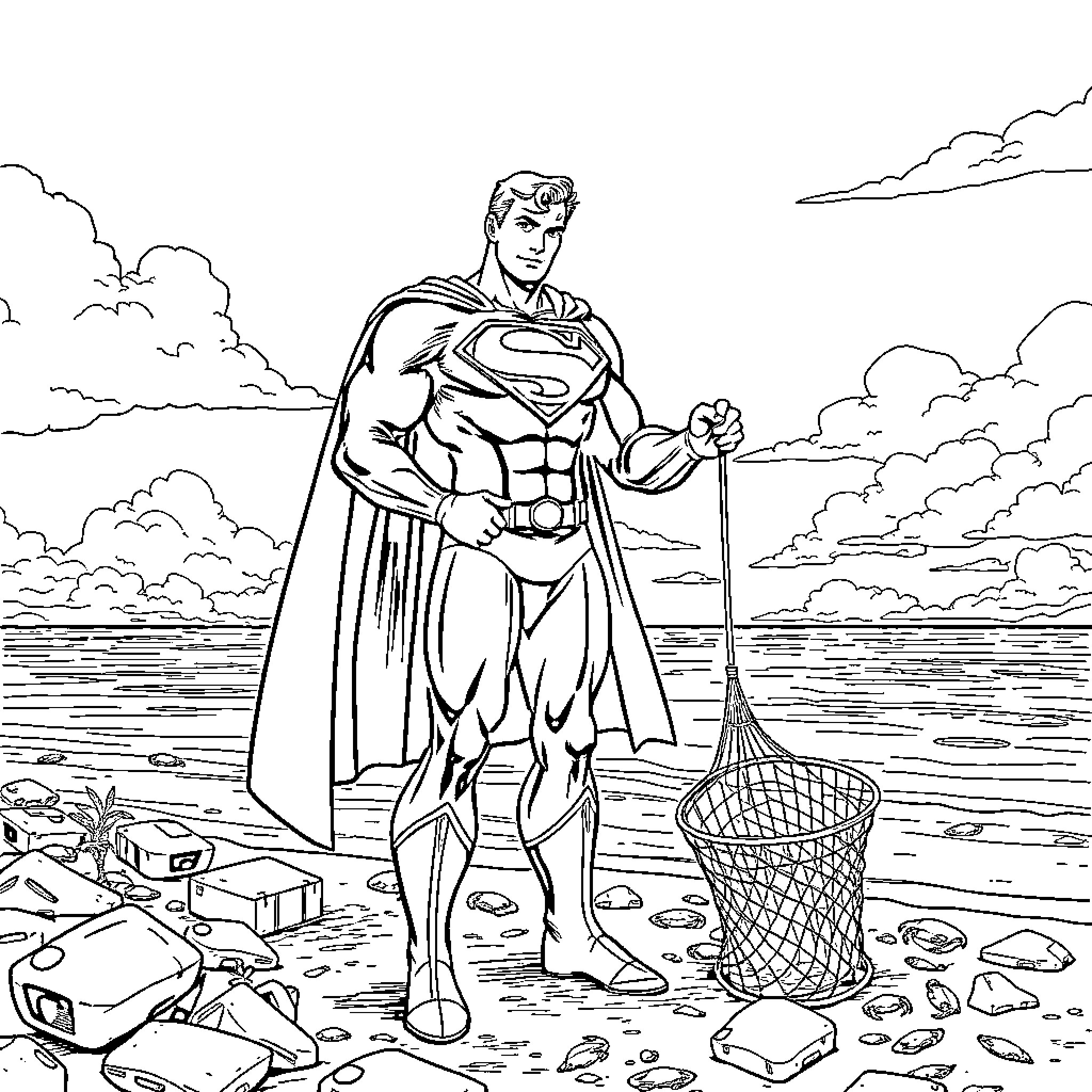 Superman soaring over the rocky shores Coloring Page (free black-and-white line drawing printable PDF for all, from beginners to advanced learners, including children, teens, adults, and seniors)