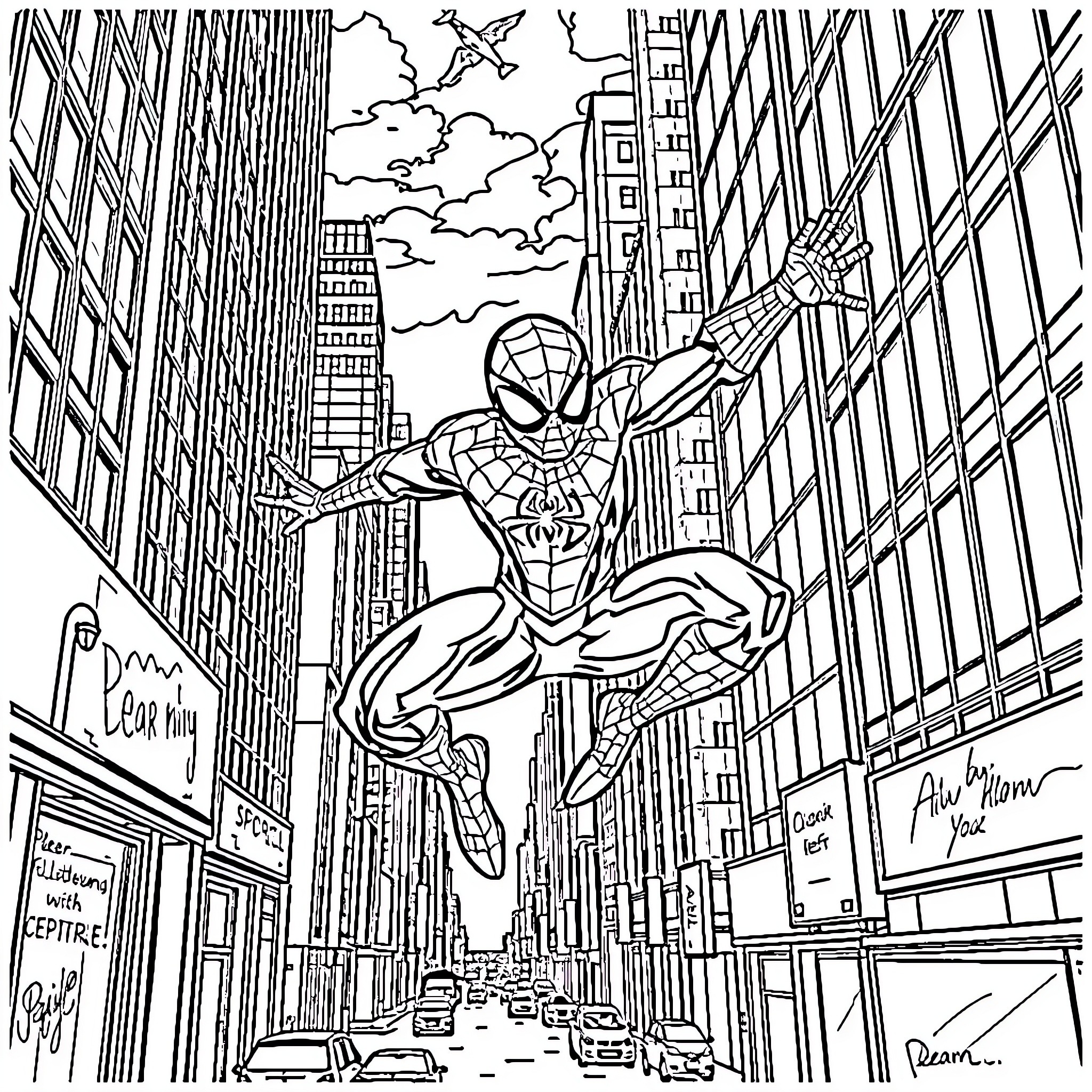 Spider-Man swinging through the city skyline Coloring Page (free black-and-white line drawing printable PDF for all, from beginners to advanced learners, including children, teens, adults, and seniors)