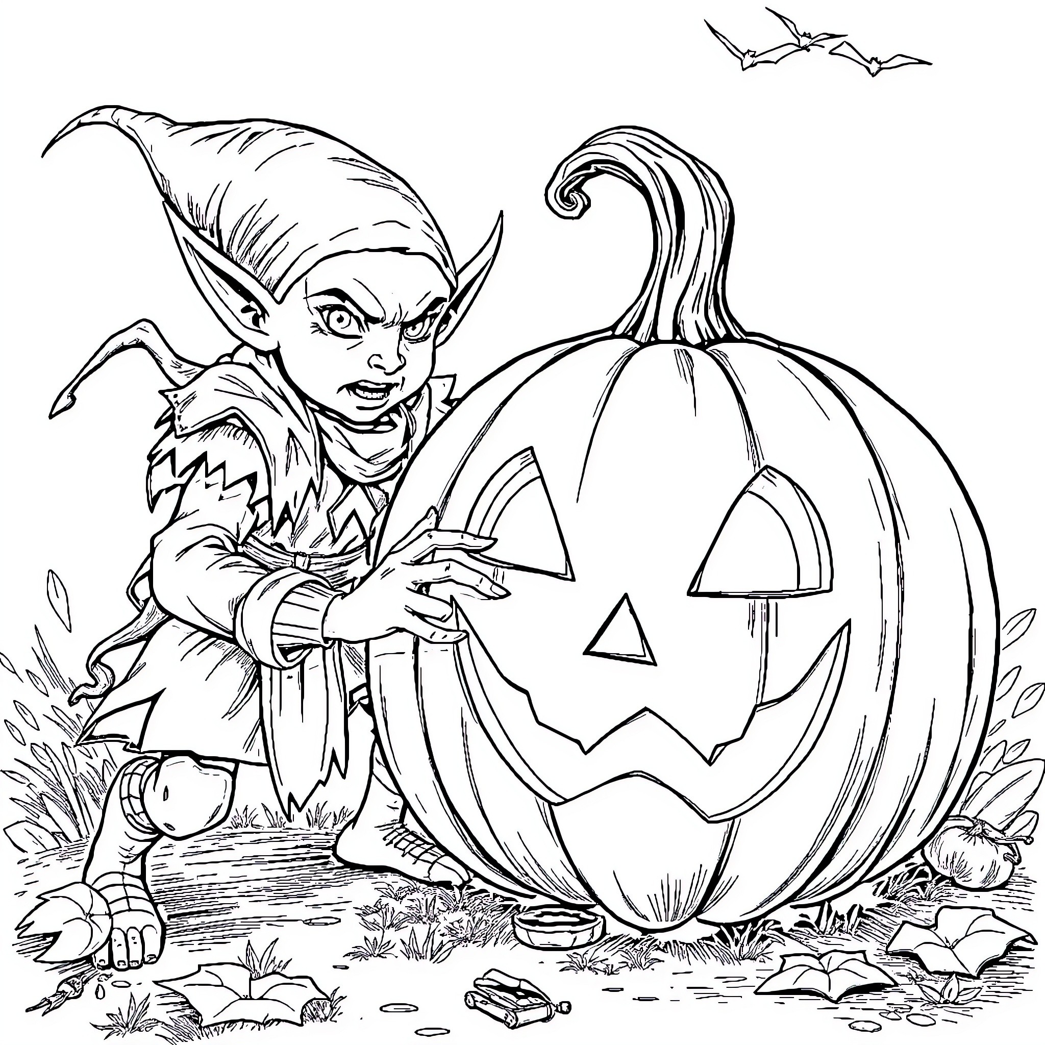 Pumpkin carving by mischievous goblin Coloring Page (free black-and-white line drawing printable PDF for all, from beginners to advanced learners, including children, teens, adults, and seniors)