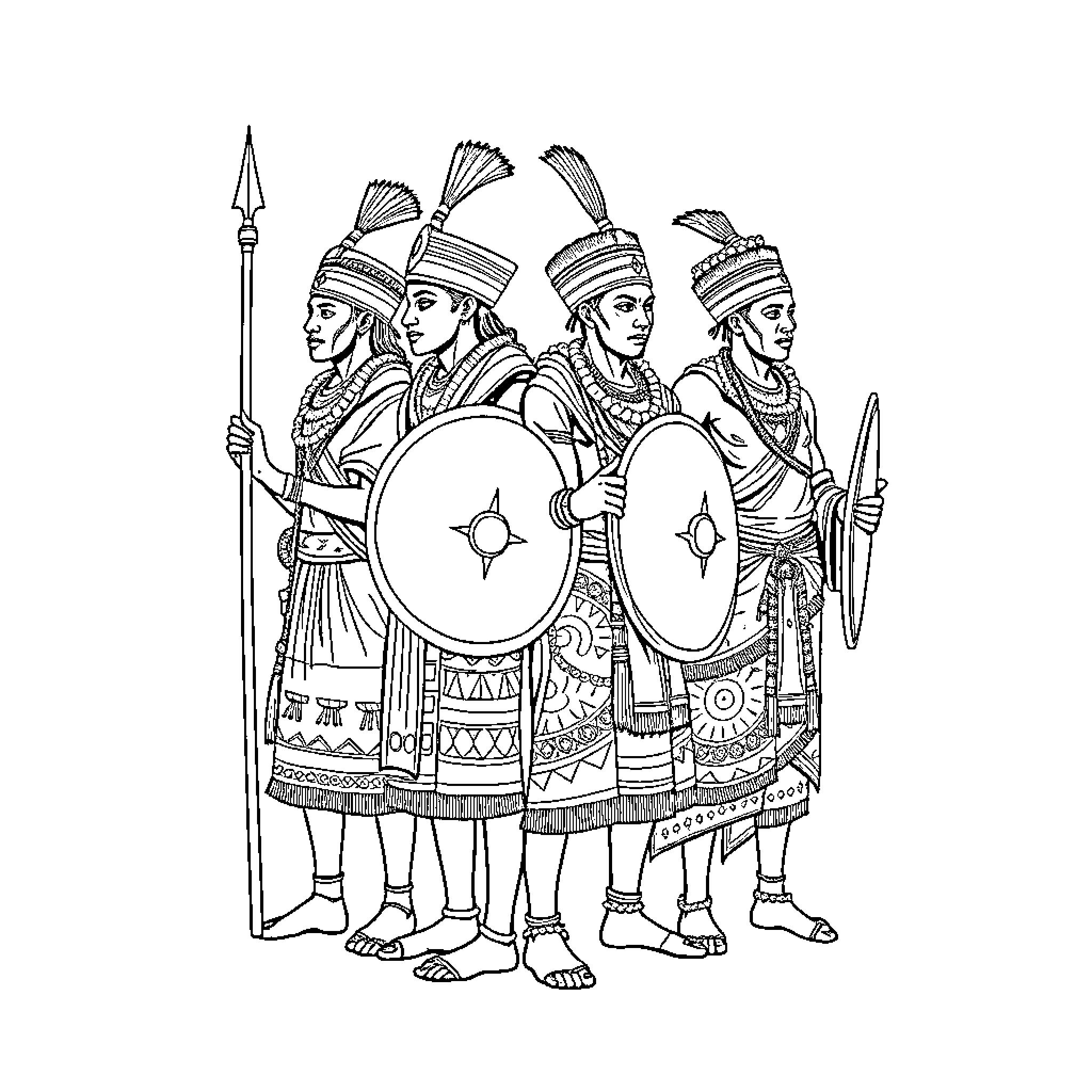 Warrior Guardians in Ceremonial Attire Coloring Page (free black-and-white line drawing printable PDF for all, from beginners to advanced learners, including children, teens, adults, and seniors)