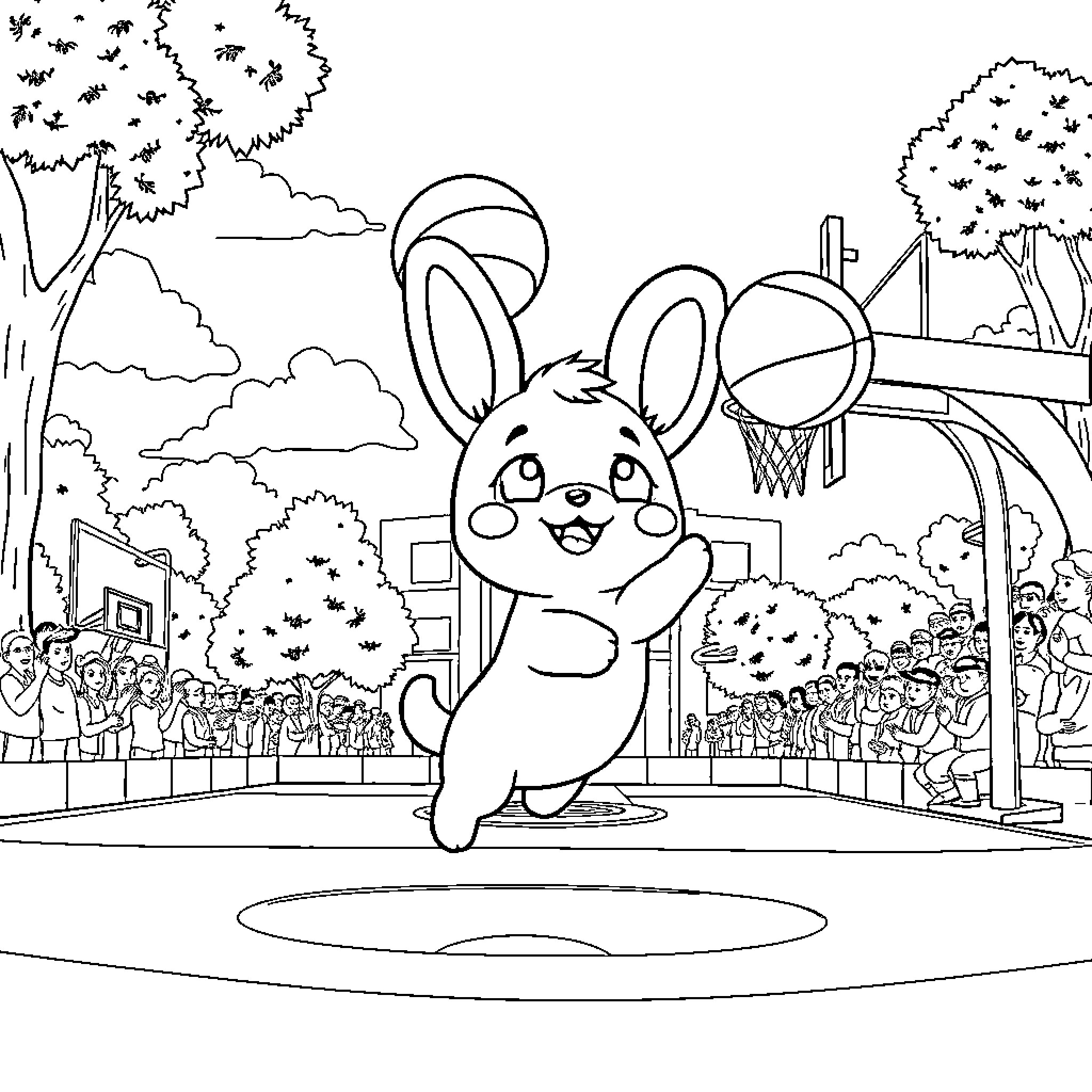Cinnamoroll playing basketball in the park Coloring Page (free black-and-white line drawing printable PDF for all, from beginners to advanced learners, including children, teens, adults, and seniors)