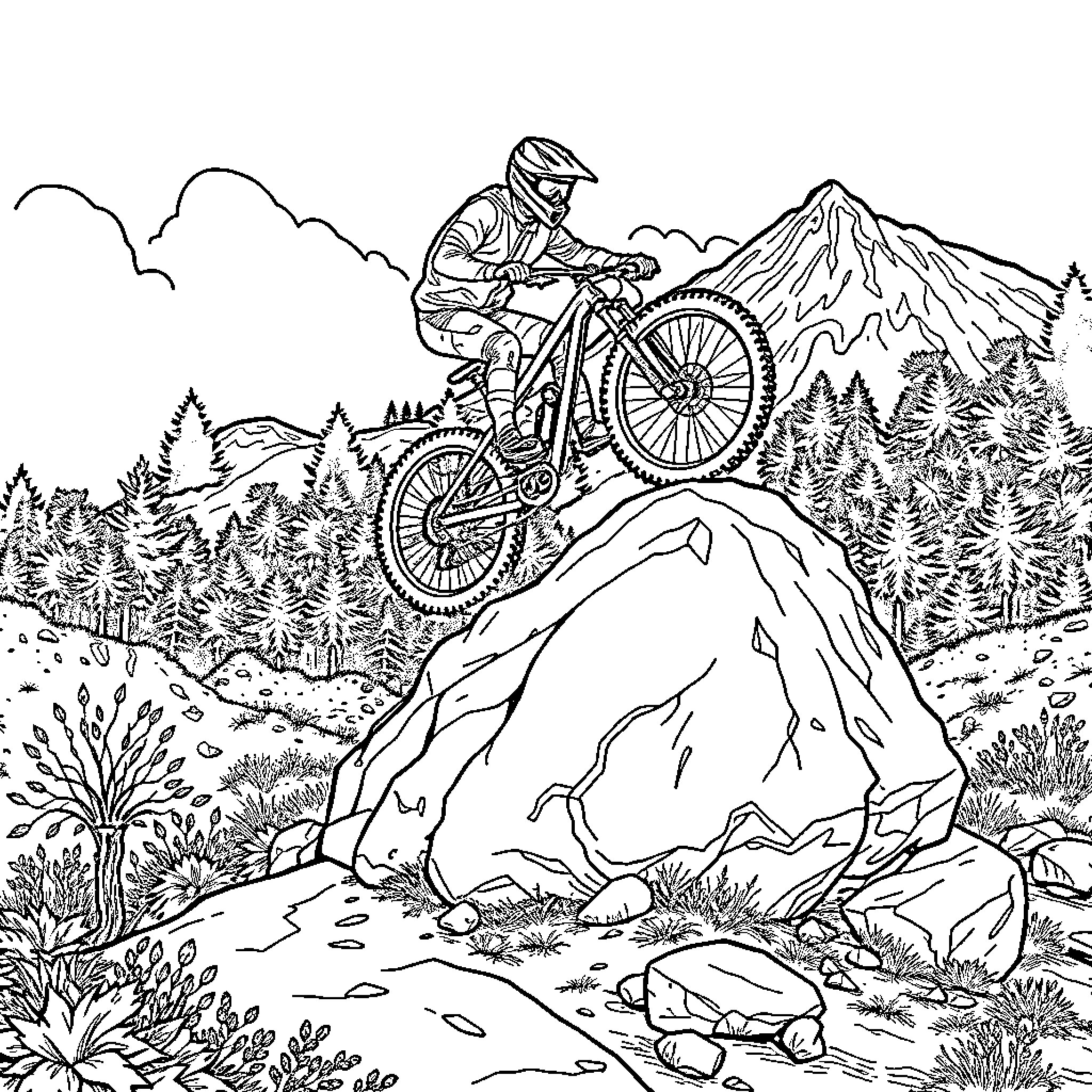 Bike rider navigating challenging mountain terrain Coloring Page (free black-and-white line drawing printable PDF for all, from beginners to advanced learners, including children, teens, adults, and seniors)