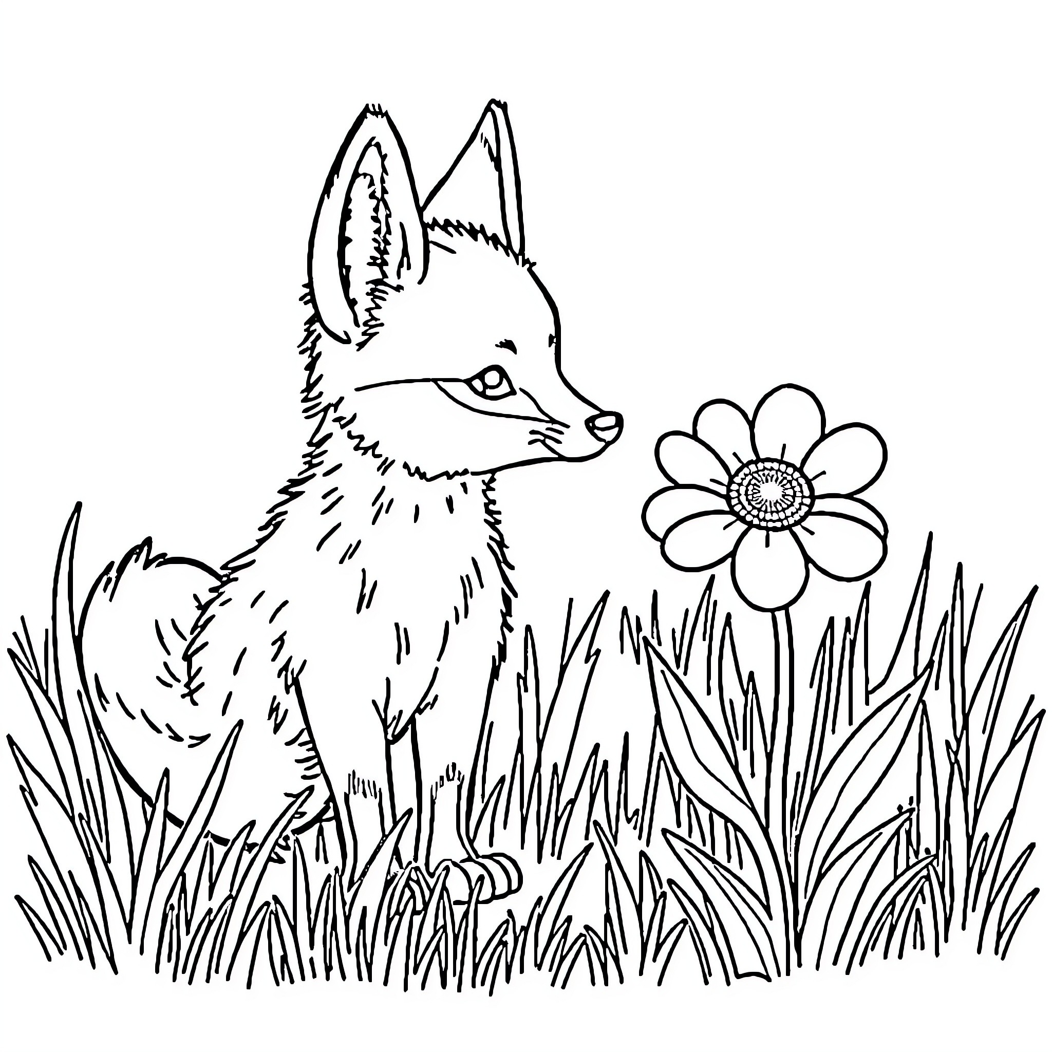 Fox exploring a flower-filled meadow Coloring Page (free black-and-white line drawing printable PDF for all, from beginners to advanced learners, including children, teens, adults, and seniors)