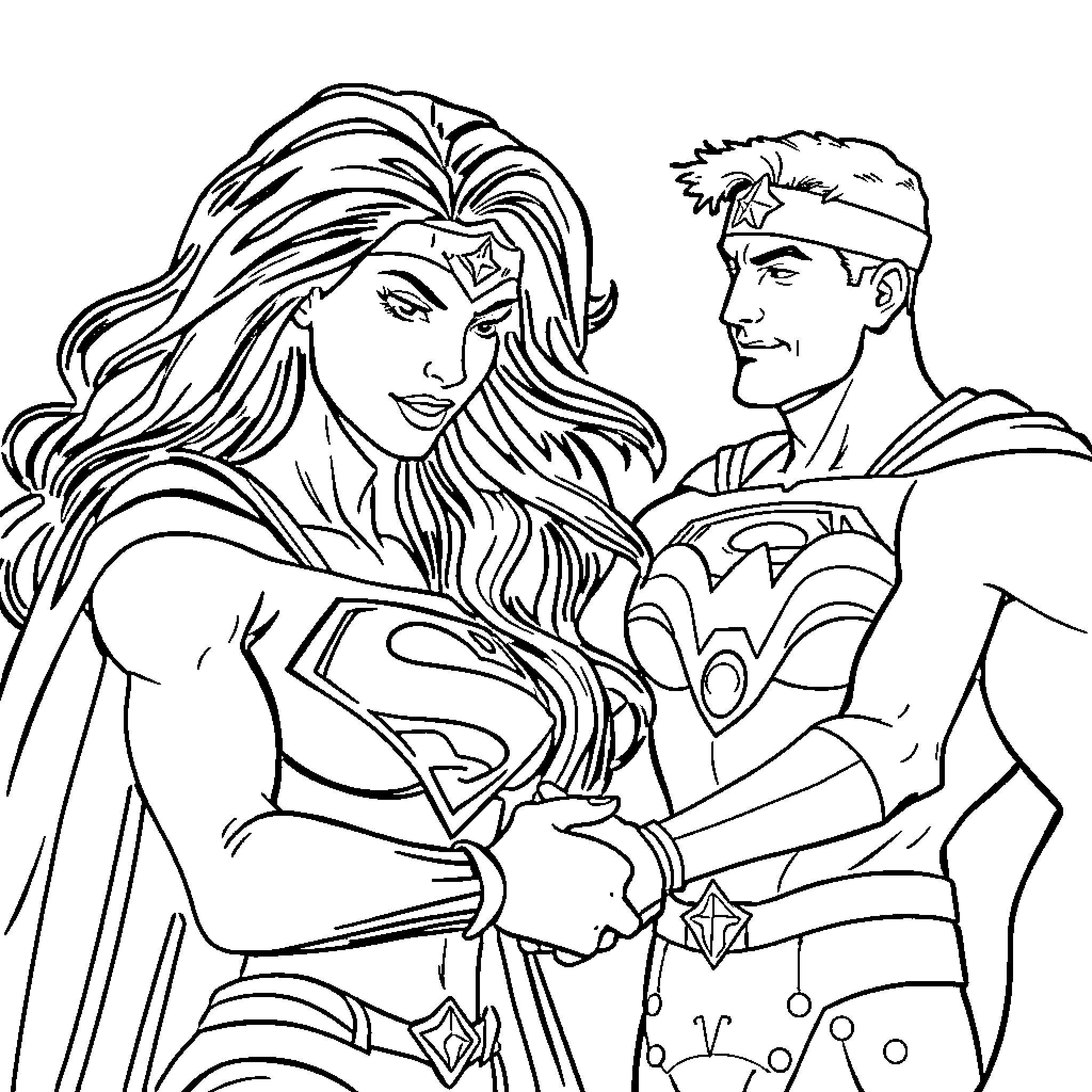 Superman and Wonder Woman in an embrace Coloring Page (free black-and-white line drawing printable PDF for all, from beginners to advanced learners, including children, teens, adults, and seniors)