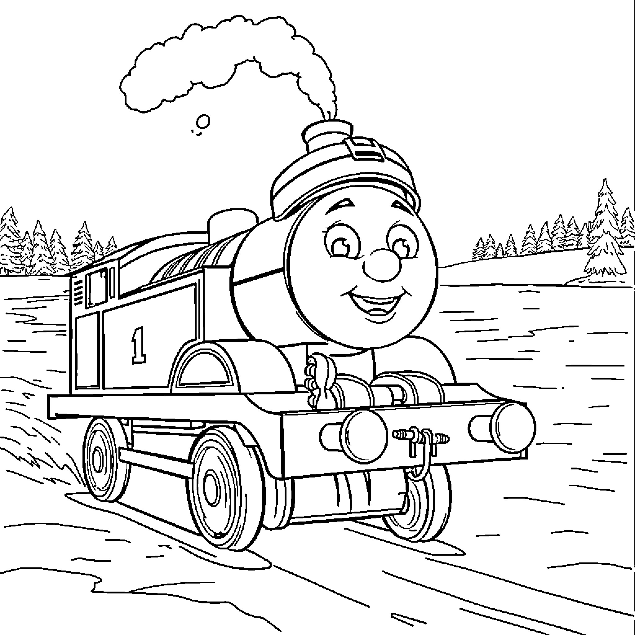 Thomas the Tank Engine in a Snowy Landscape Coloring Page (free black-and-white line drawing printable PDF for all, from beginners to advanced learners, including children, teens, adults, and seniors)