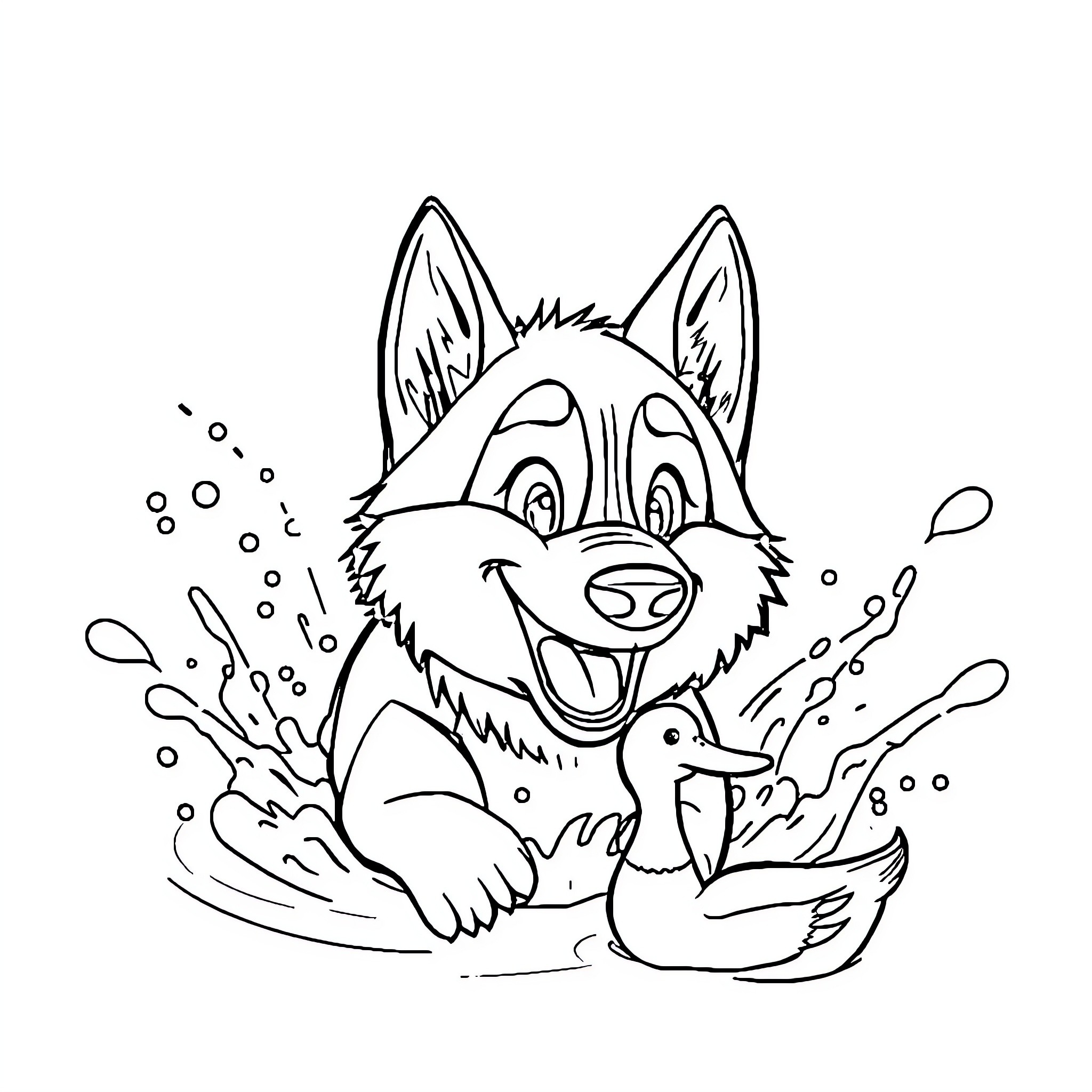 Husky playing happily in the water Coloring Page (free black-and-white line drawing printable PDF for all, from beginners to advanced learners, including children, teens, adults, and seniors)