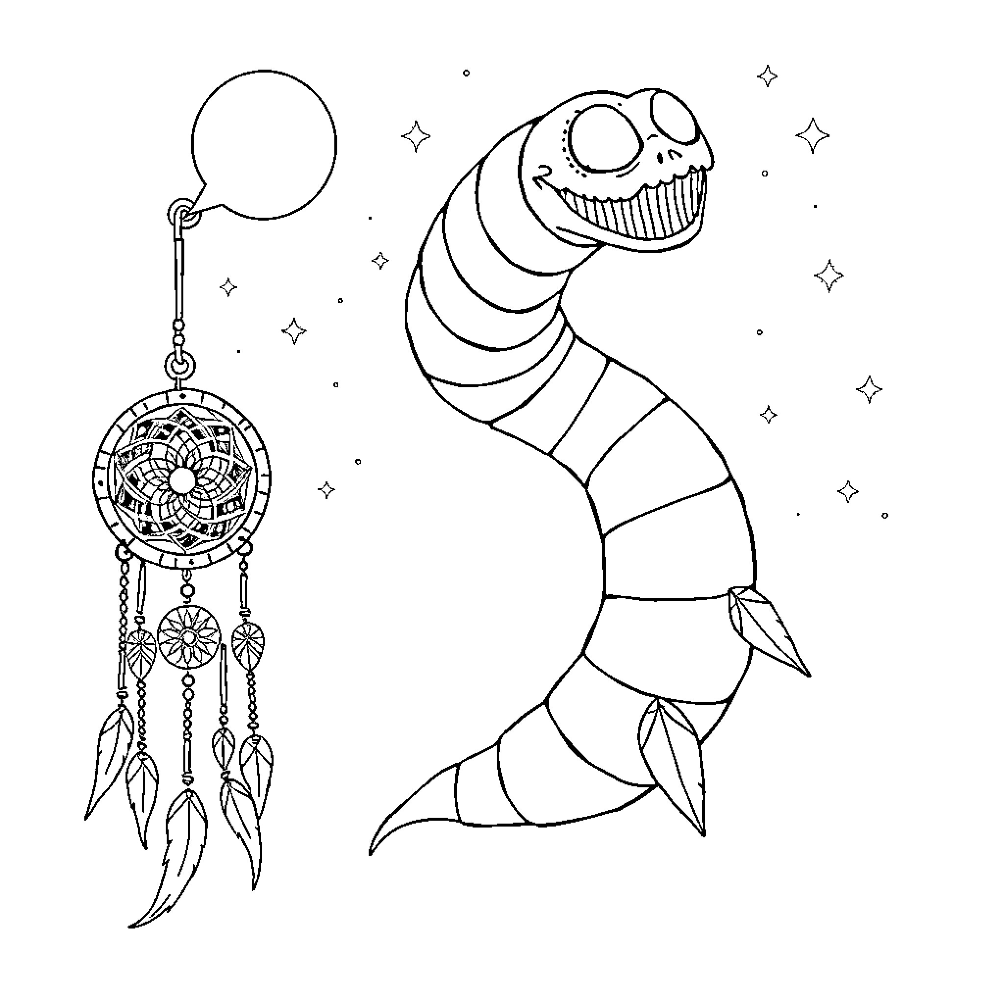 Sandworm with Dreamcatcher in the Cosmos Coloring Page (free black-and-white line drawing printable PDF for all, from beginners to advanced learners, including children, teens, adults, and seniors)