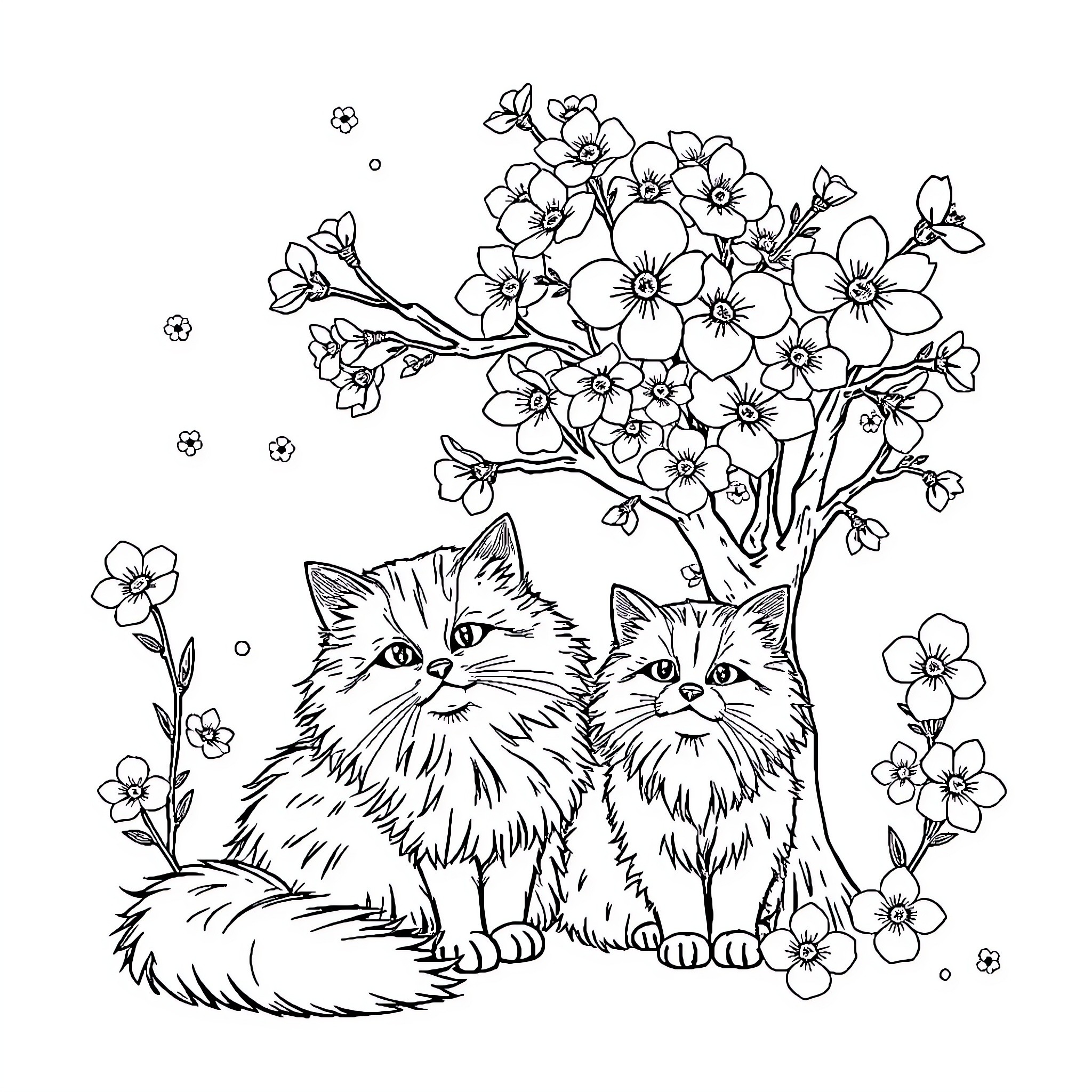 Cat companions in a floral garden Coloring Page (free black-and-white line drawing printable PDF for all, from beginners to advanced learners, including children, teens, adults, and seniors)