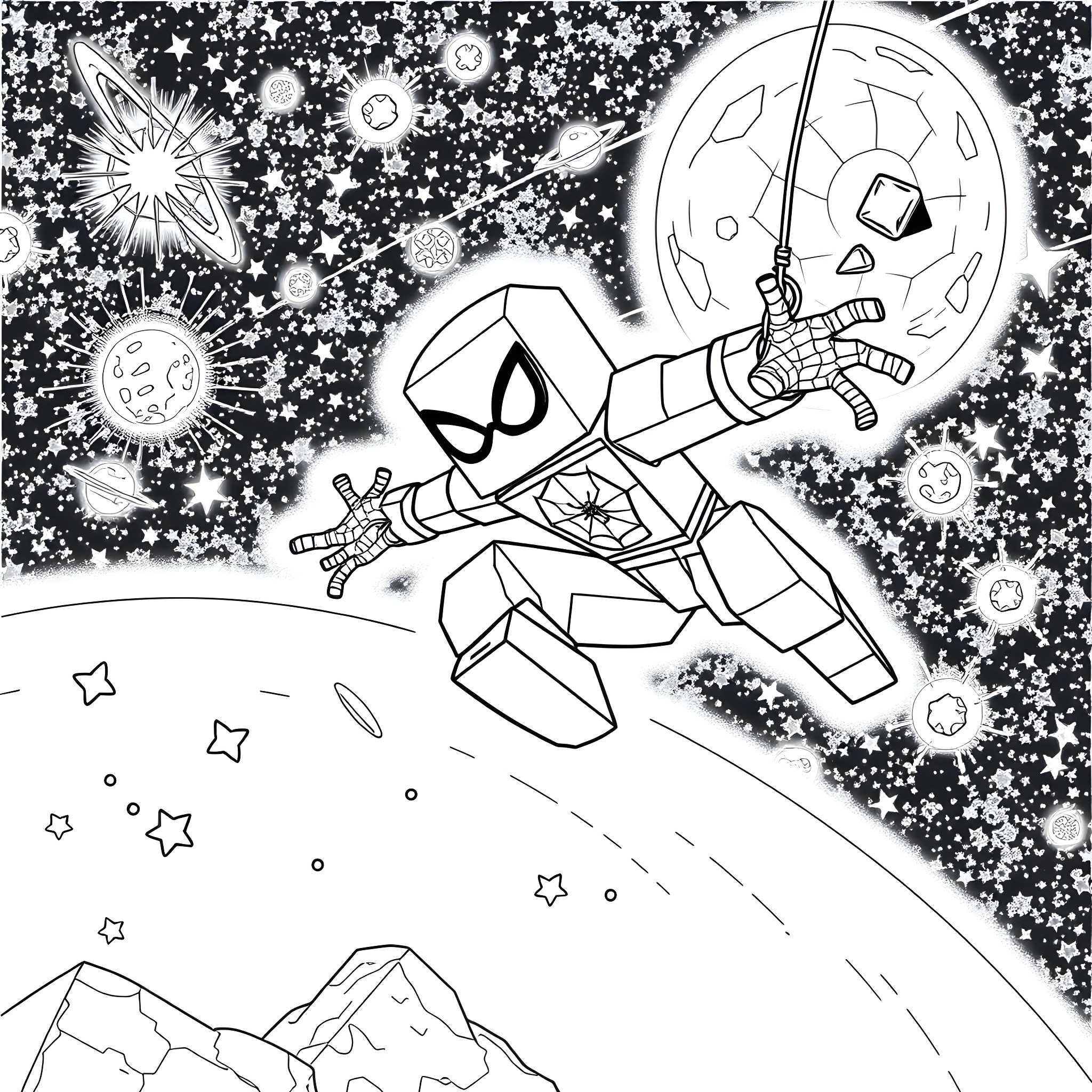 Spiderman swinging through the cosmic galaxy Coloring Page (free black-and-white line drawing printable PDF for all, from beginners to advanced learners, including children, teens, adults, and seniors)