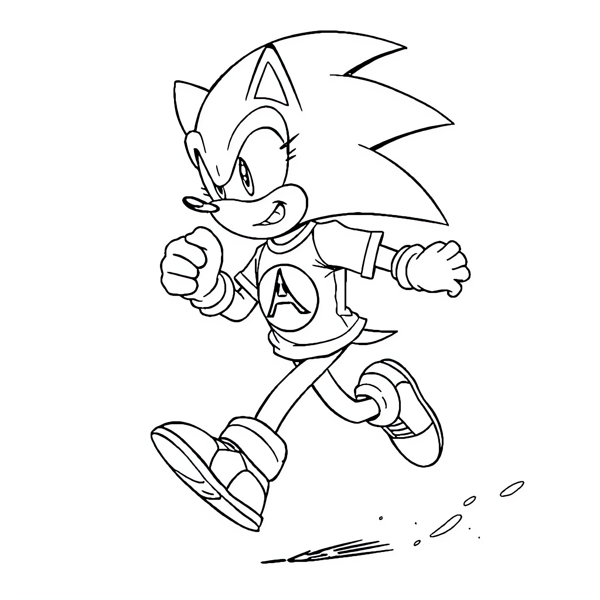 Sonic the Hedgehog running in action pose Coloring Page (free black-and-white line drawing printable PDF for all, from beginners to advanced learners, including children, teens, adults, and seniors)