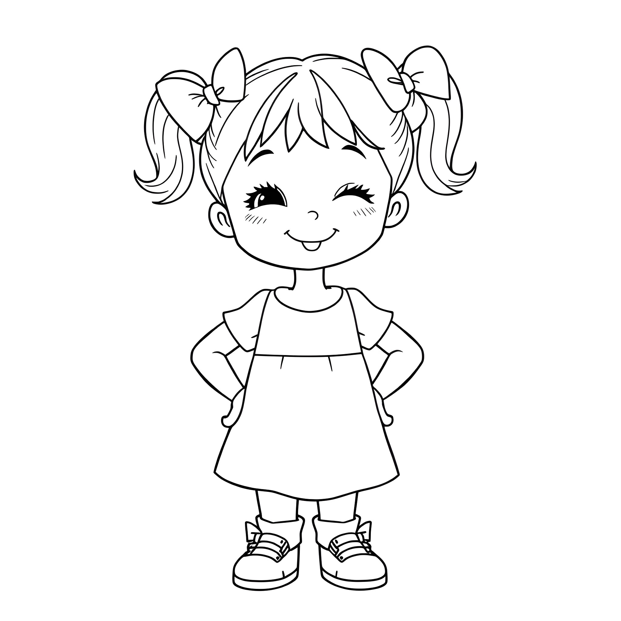 Girl with Pigtails and a Smile Coloring Page (free black-and-white line drawing printable PDF for all, from beginners to advanced learners, including children, teens, adults, and seniors)