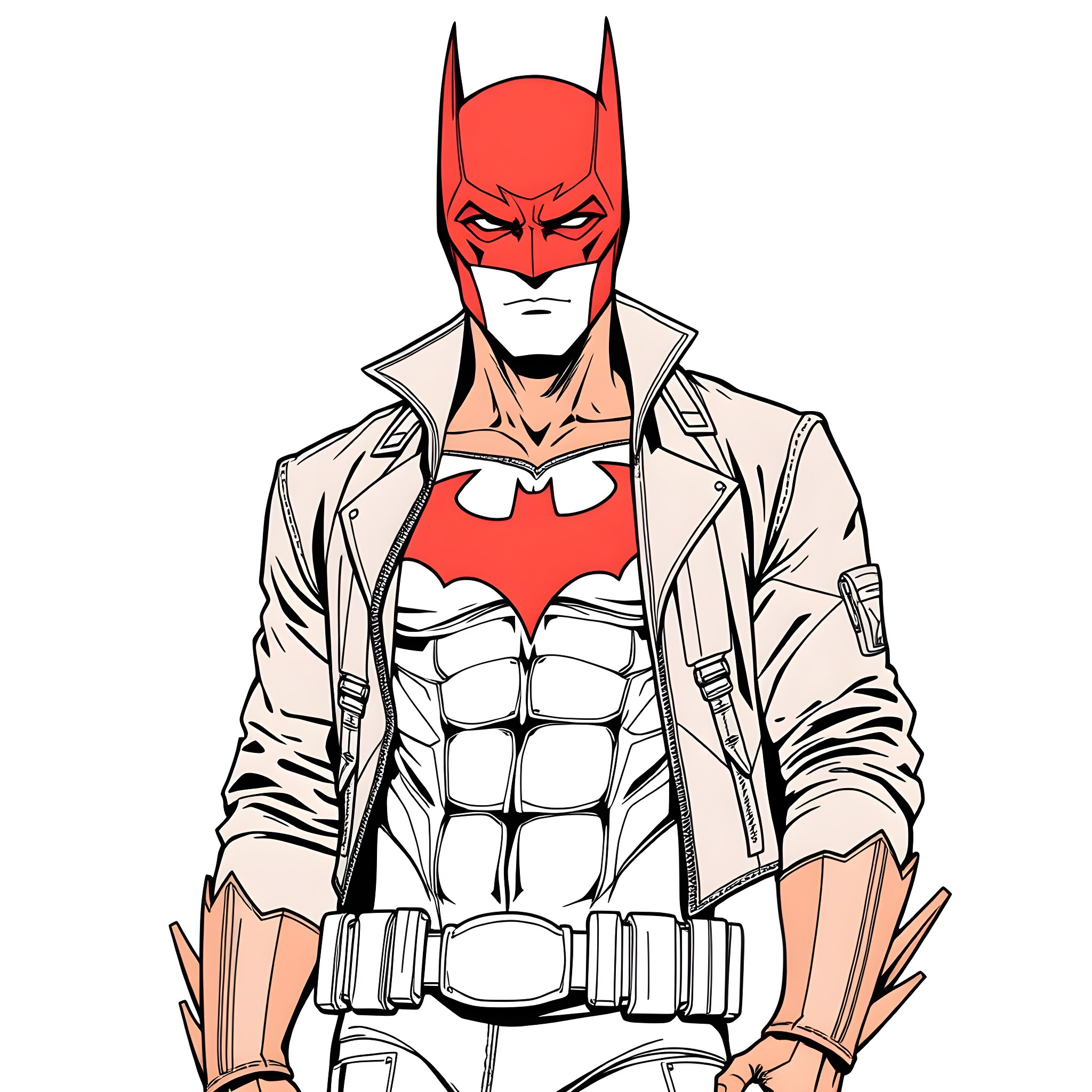 Red Hood Vigilante in Tactical Gear Coloring Page (free black-and-white line drawing printable PDF for all, from beginners to advanced learners, including children, teens, adults, and seniors)