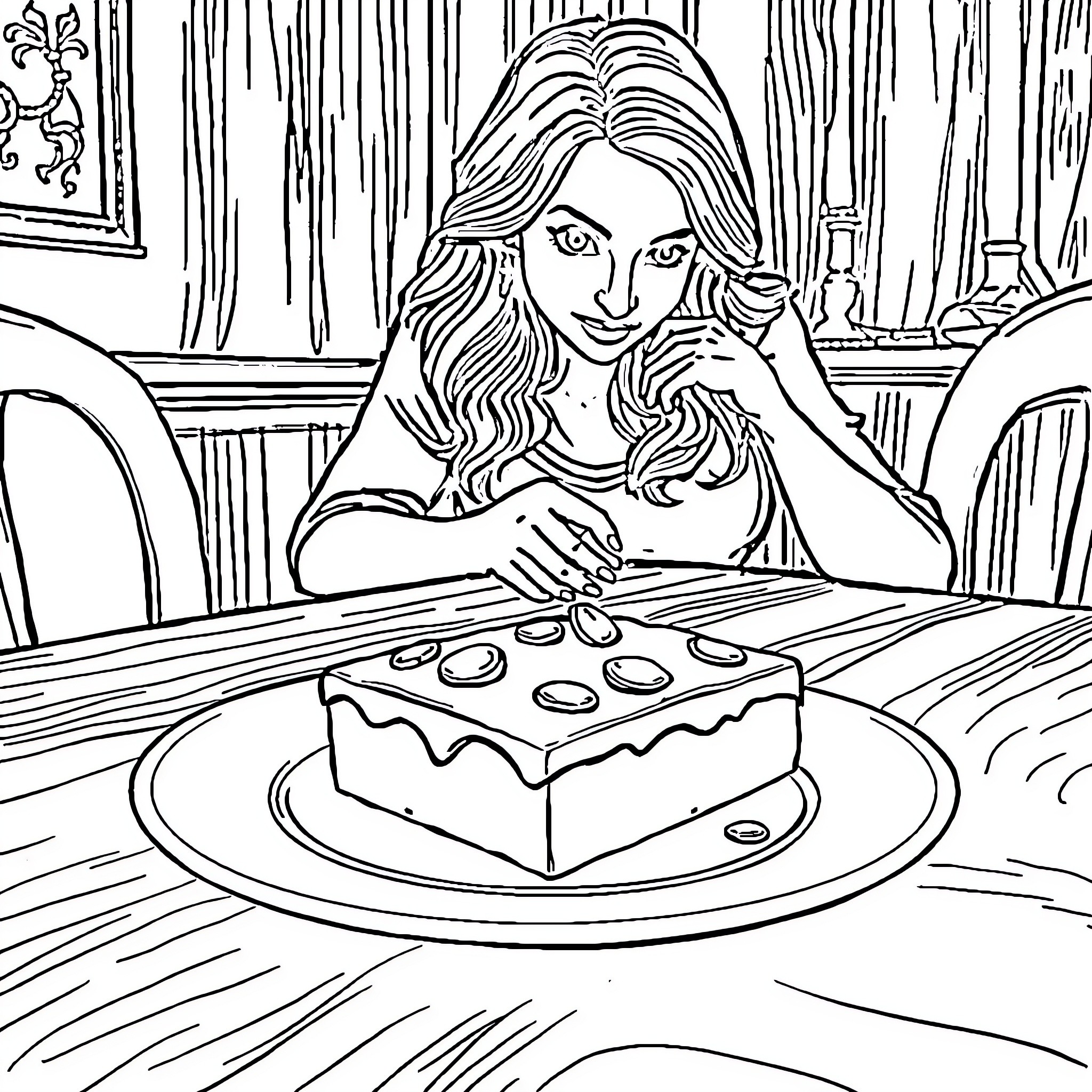 Chocolate Dessert Delight Coloring Page (free black-and-white line drawing printable PDF for all, from beginners to advanced learners, including children, teens, adults, and seniors)