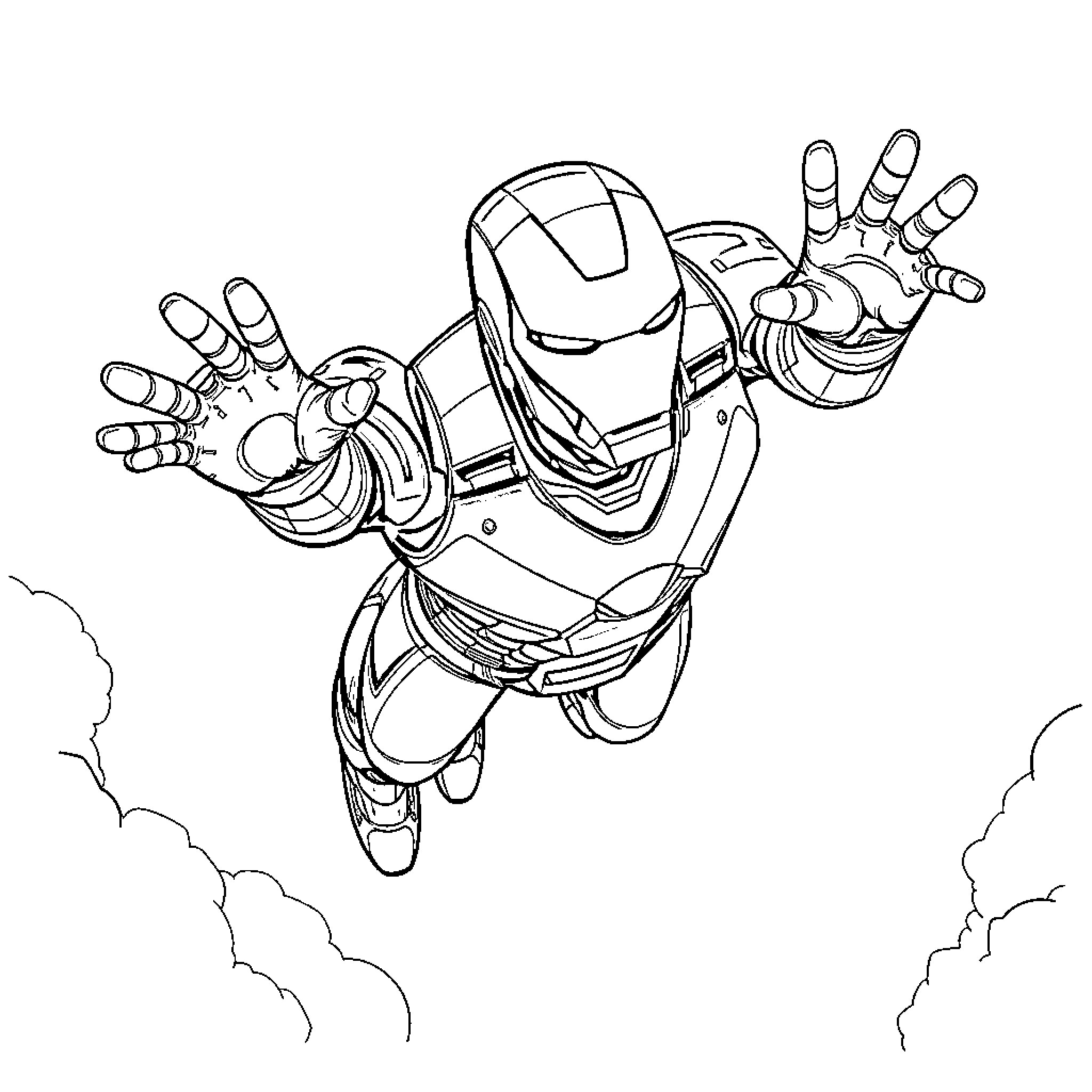Ironman flying in action with outstretched hands Coloring Page (free black-and-white line drawing printable PDF for all, from beginners to advanced learners, including children, teens, adults, and seniors)