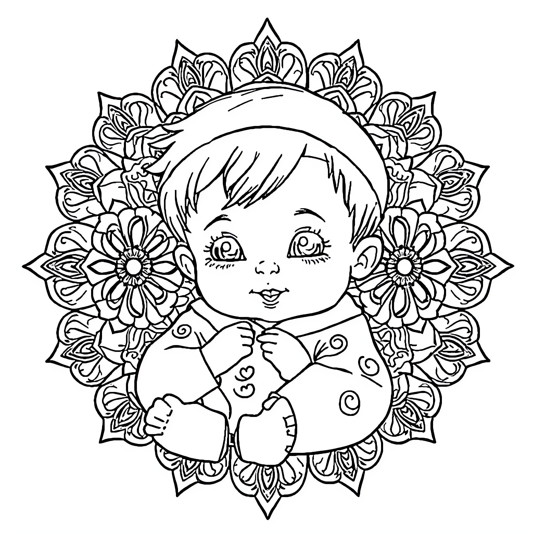Baby in Floral Mandala Frame Coloring Page (free black-and-white line drawing printable PDF for all, from beginners to advanced learners, including children, teens, adults, and seniors)