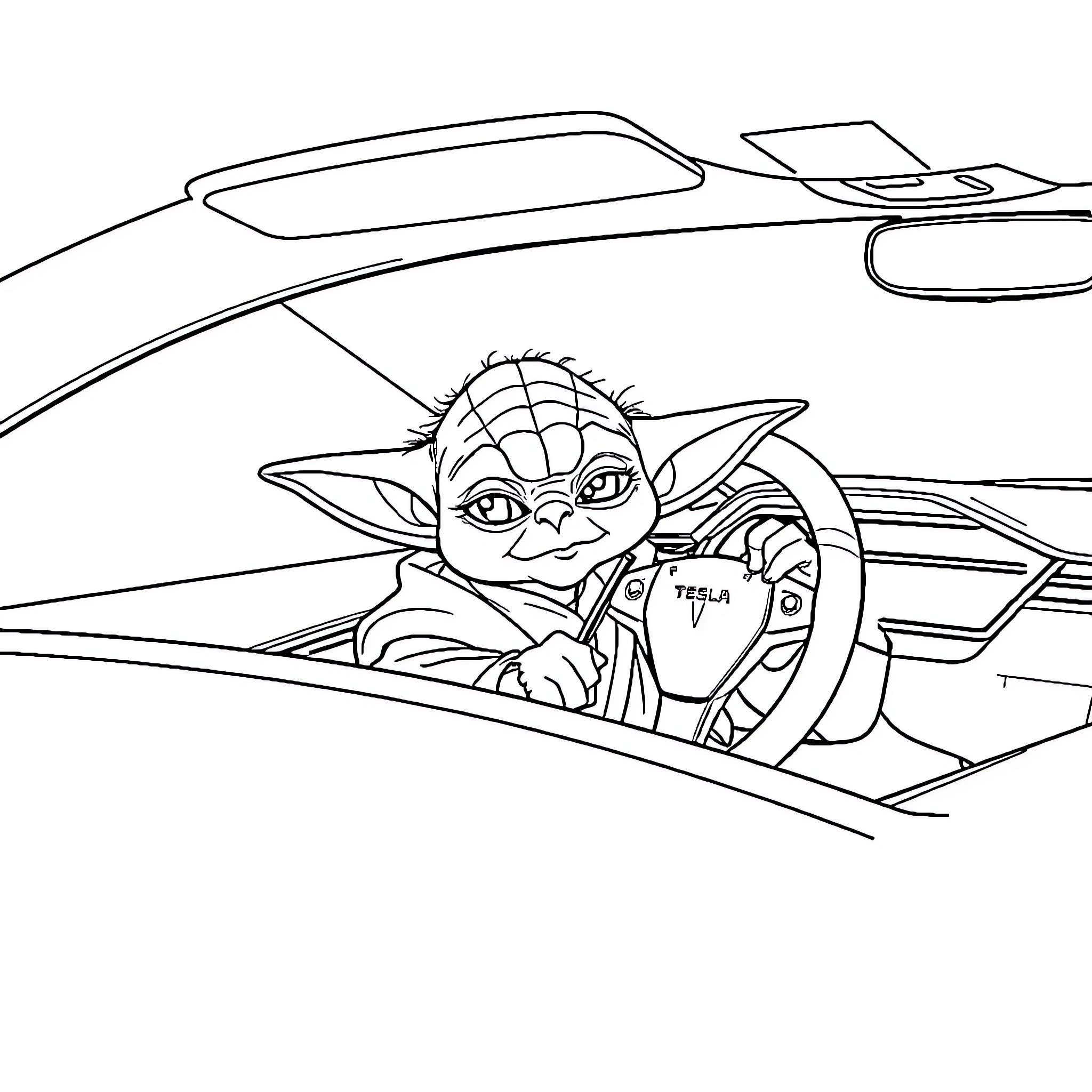 Yoda driving a futuristic vehicle Coloring Page (free black-and-white line drawing printable PDF for all, from beginners to advanced learners, including children, teens, adults, and seniors)