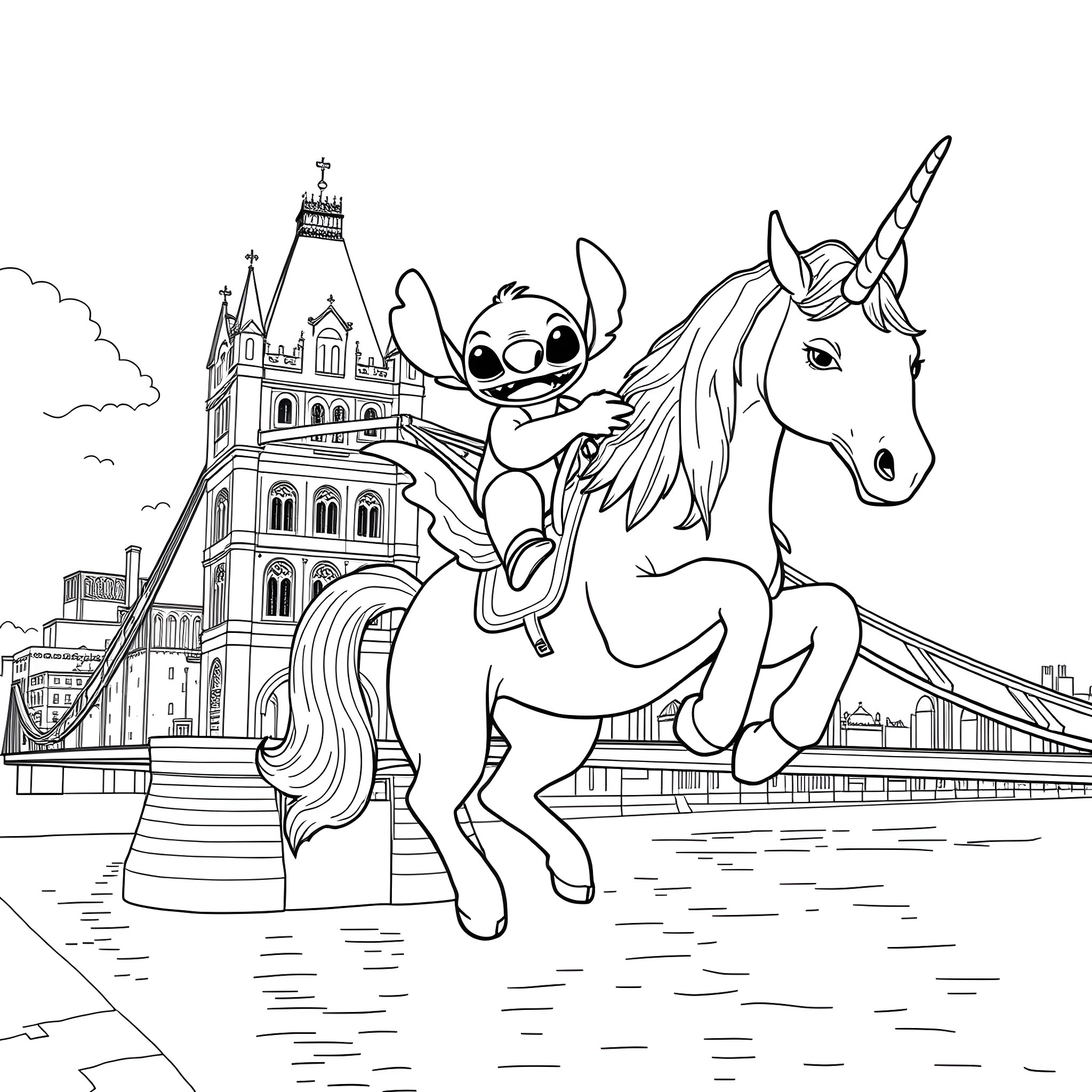 Stitch riding a unicorn in front of a castle Coloring Page (free black-and-white line drawing printable PDF for all, from beginners to advanced learners, including children, teens, adults, and seniors)