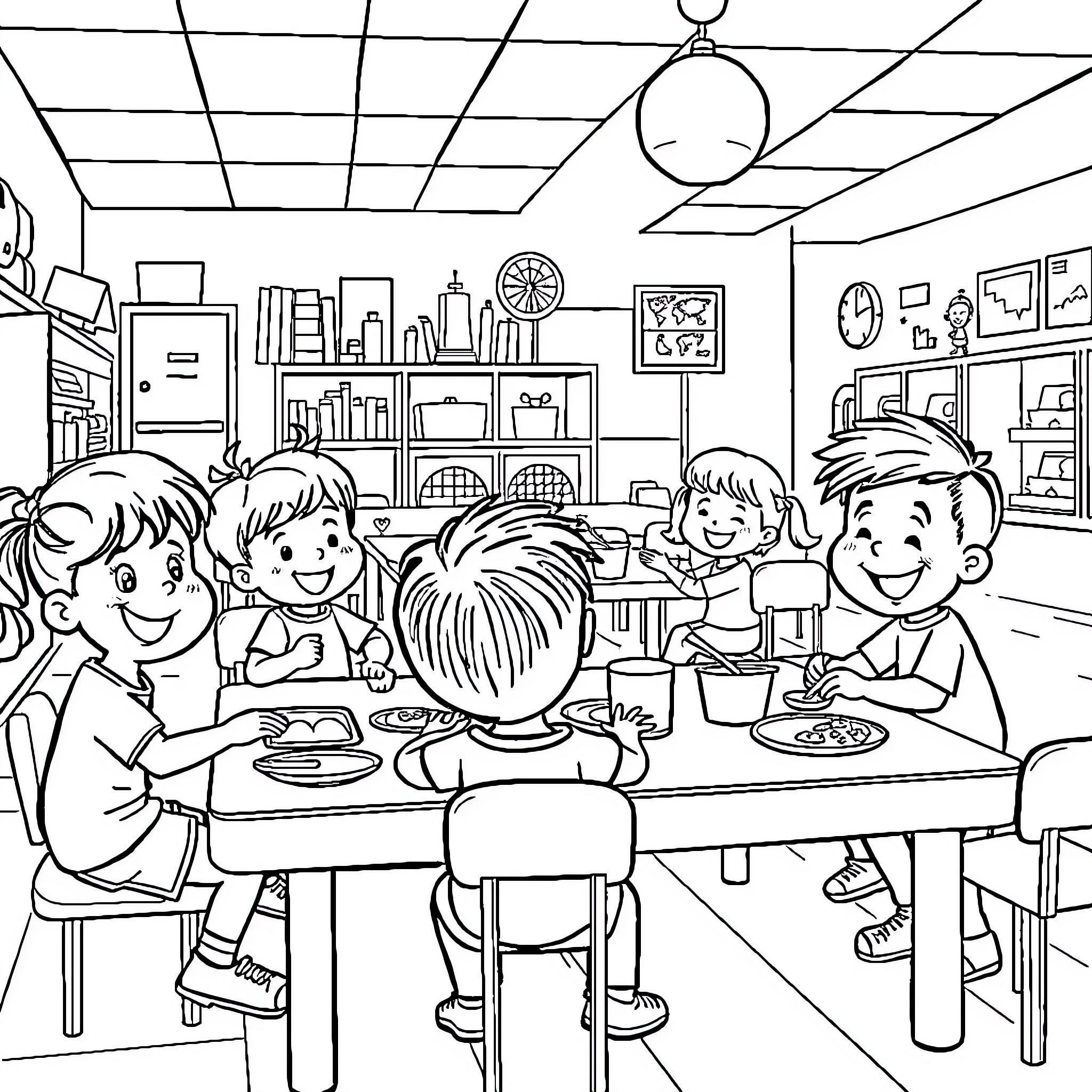 Kid's Friendly Classroom Gathering Coloring Page (free black-and-white line drawing printable PDF for all, from beginners to advanced learners, including children, teens, adults, and seniors)