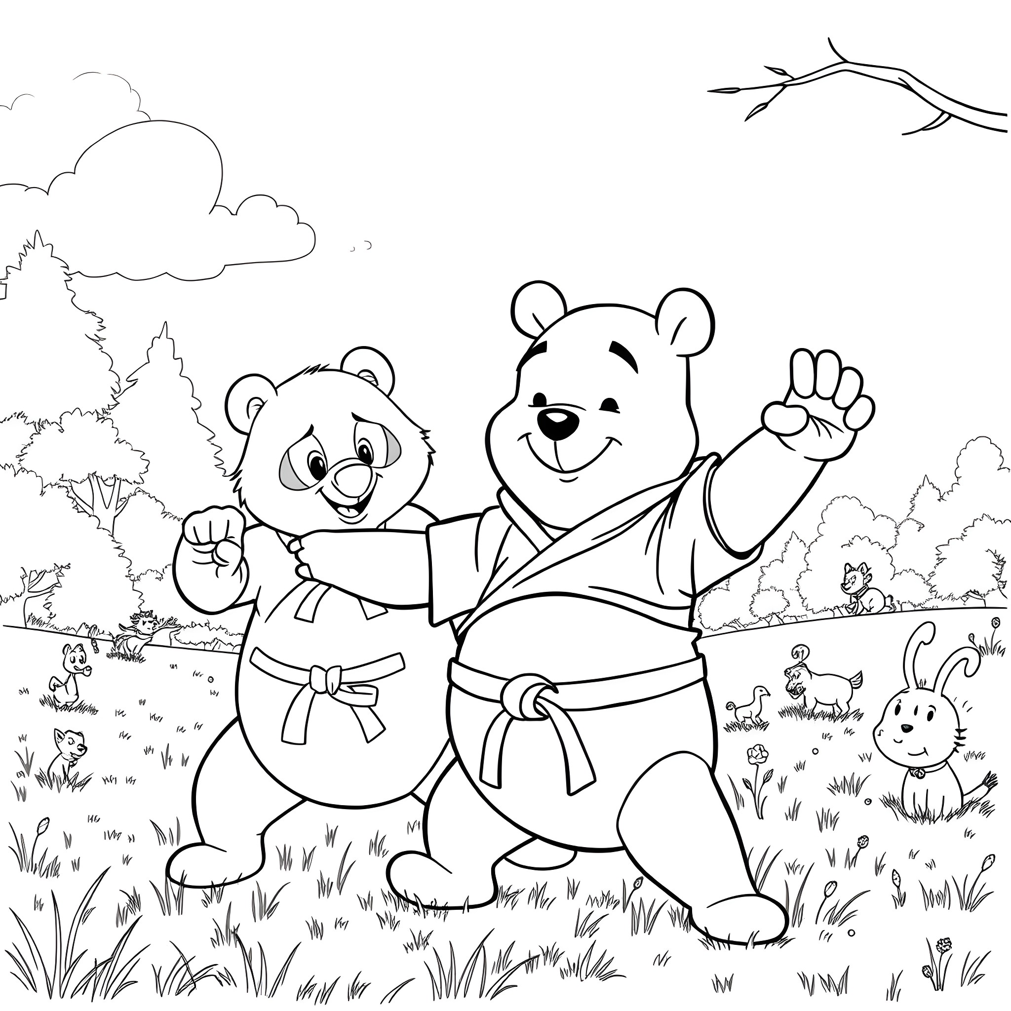 Winnie The Pooh and Friends Enjoying Outdoor Adventure Coloring Page (free black-and-white line drawing printable PDF for all, from beginners to advanced learners, including children, teens, adults, and seniors)