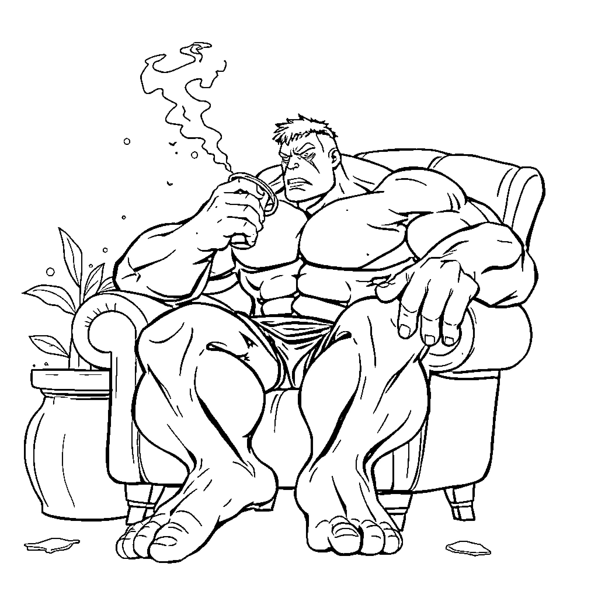 Hulk resting after a strenuous battle Coloring Page (free black-and-white line drawing printable PDF for all, from beginners to advanced learners, including children, teens, adults, and seniors)