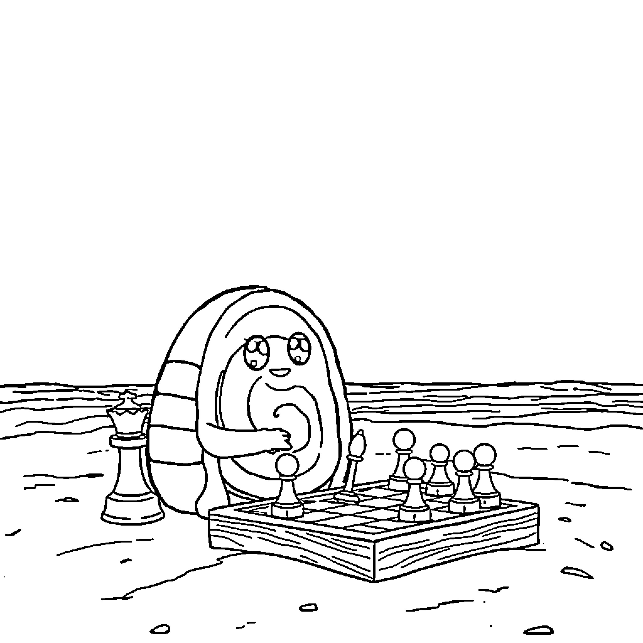 Cinnamon Roll playing chess on the beach Coloring Page (free black-and-white line drawing printable PDF for all, from beginners to advanced learners, including children, teens, adults, and seniors)