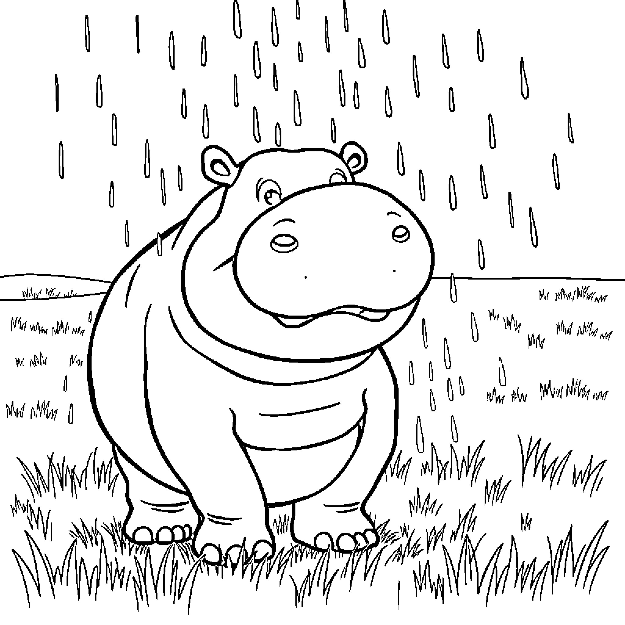 Hippo enjoying the rainy day Coloring Page (free black-and-white line drawing printable PDF for all, from beginners to advanced learners, including children, teens, adults, and seniors)