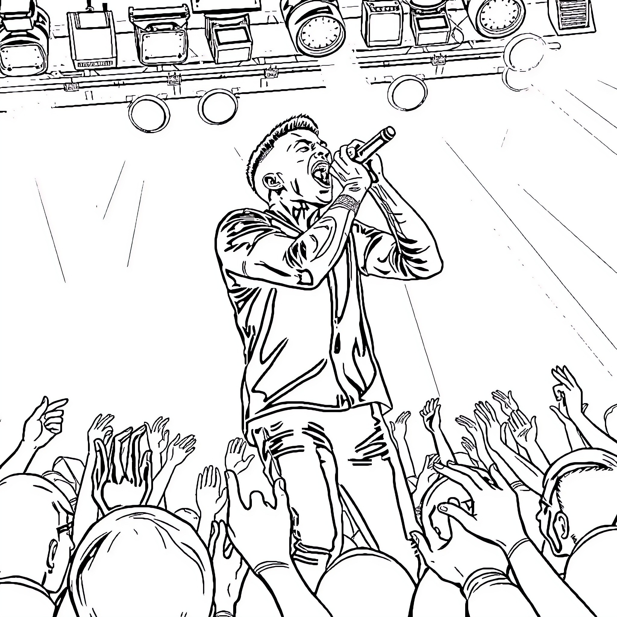 Chester Bennington performing on stage with band Coloring Page (free black-and-white line drawing printable PDF for all, from beginners to advanced learners, including children, teens, adults, and seniors)