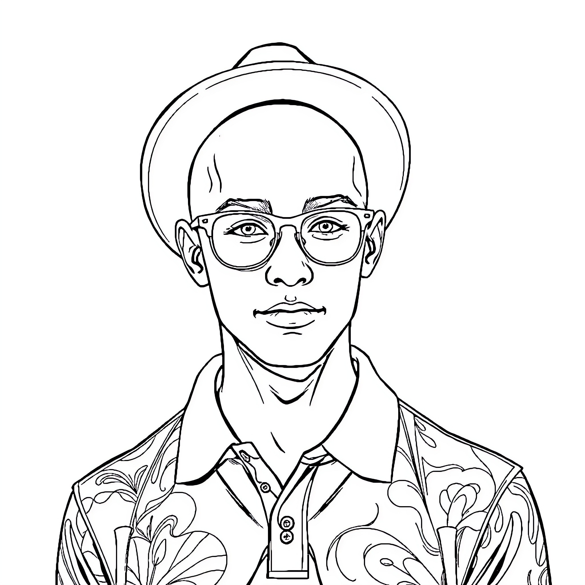 Man wearing glasses and hat with floral shirt Coloring Page (free black-and-white line drawing printable PDF for all, from beginners to advanced learners, including children, teens, adults, and seniors)
