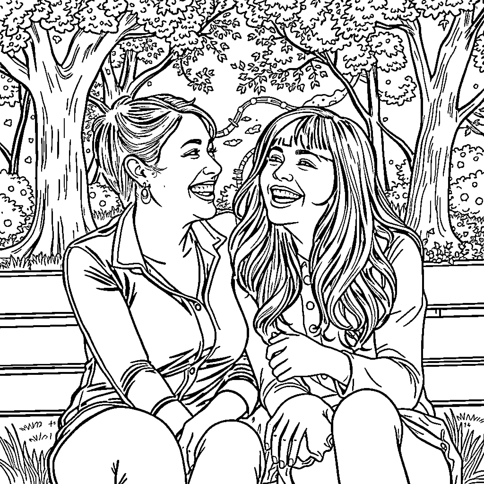 Friend laughing together in the park Coloring Page (free black-and-white line drawing printable PDF for all, from beginners to advanced learners, including children, teens, adults, and seniors)