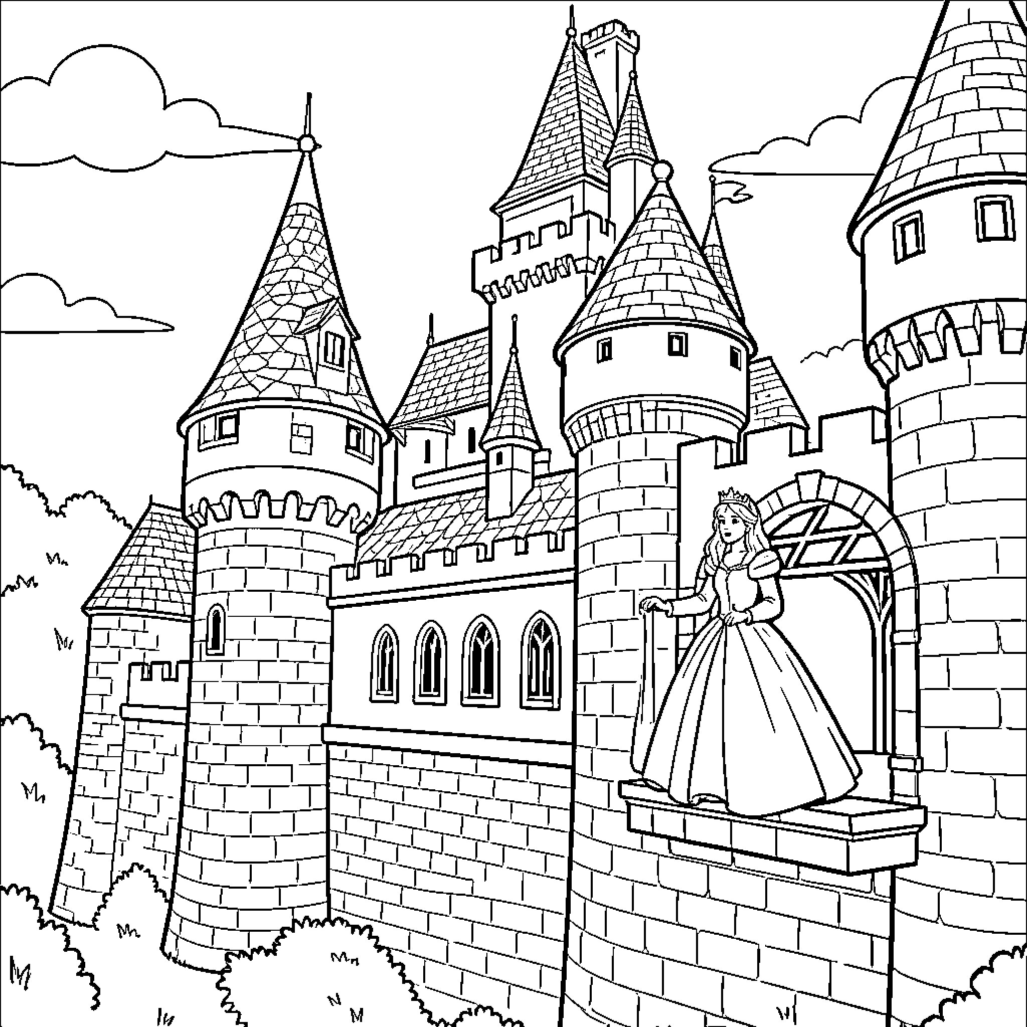 Castle featuring a princess standing on a balcony Coloring Page (free black-and-white line drawing printable PDF for all, from beginners to advanced learners, including children, teens, adults, and seniors)