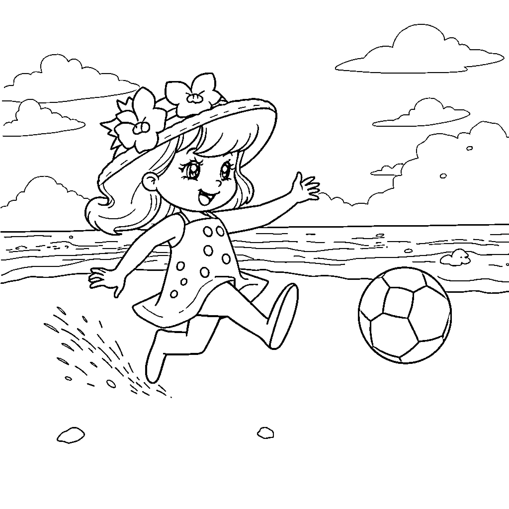 Strawberry Shortcake playing with soccer ball on the beach Coloring Page (free black-and-white line drawing printable PDF for all, from beginners to advanced learners, including children, teens, adults, and seniors)