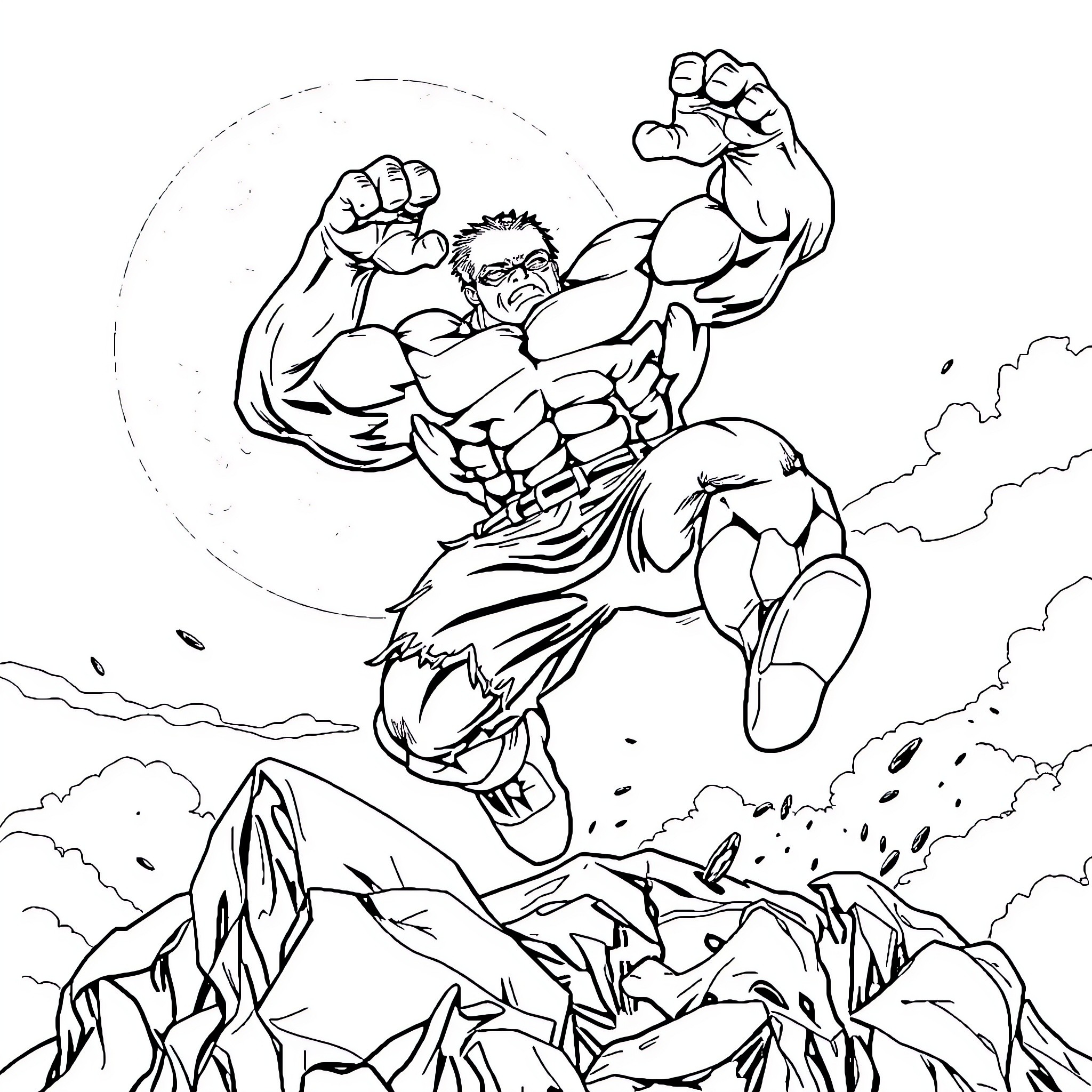Hulk leaping over rugged terrain with heroic pose Coloring Page (free black-and-white line drawing printable PDF for all, from beginners to advanced learners, including children, teens, adults, and seniors)
